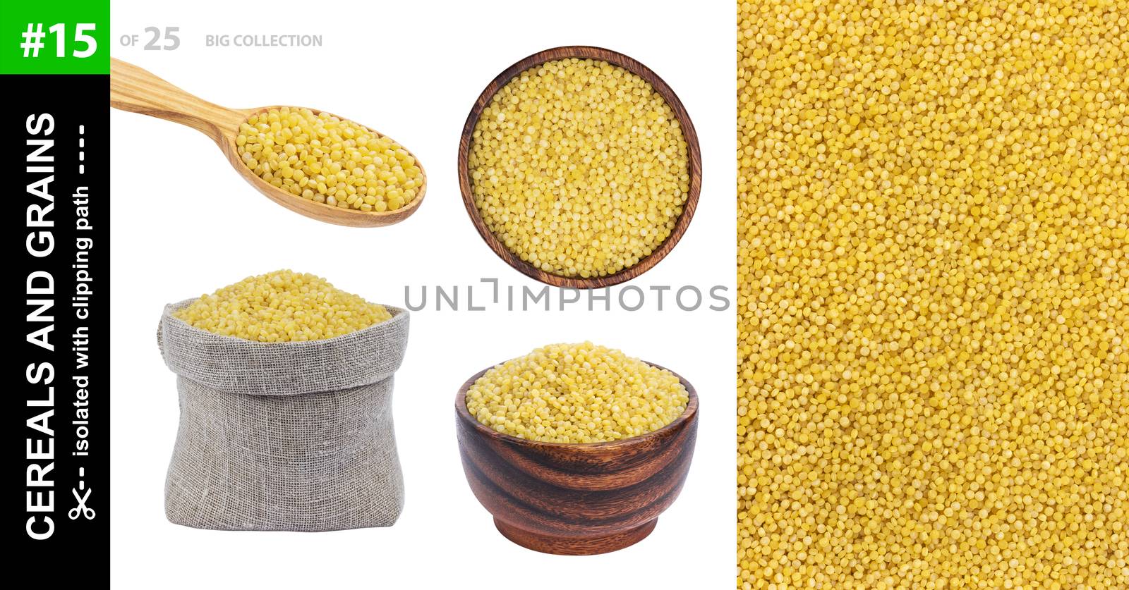 Israeli couscous, ptitim in different dishware isolated on white background, collection