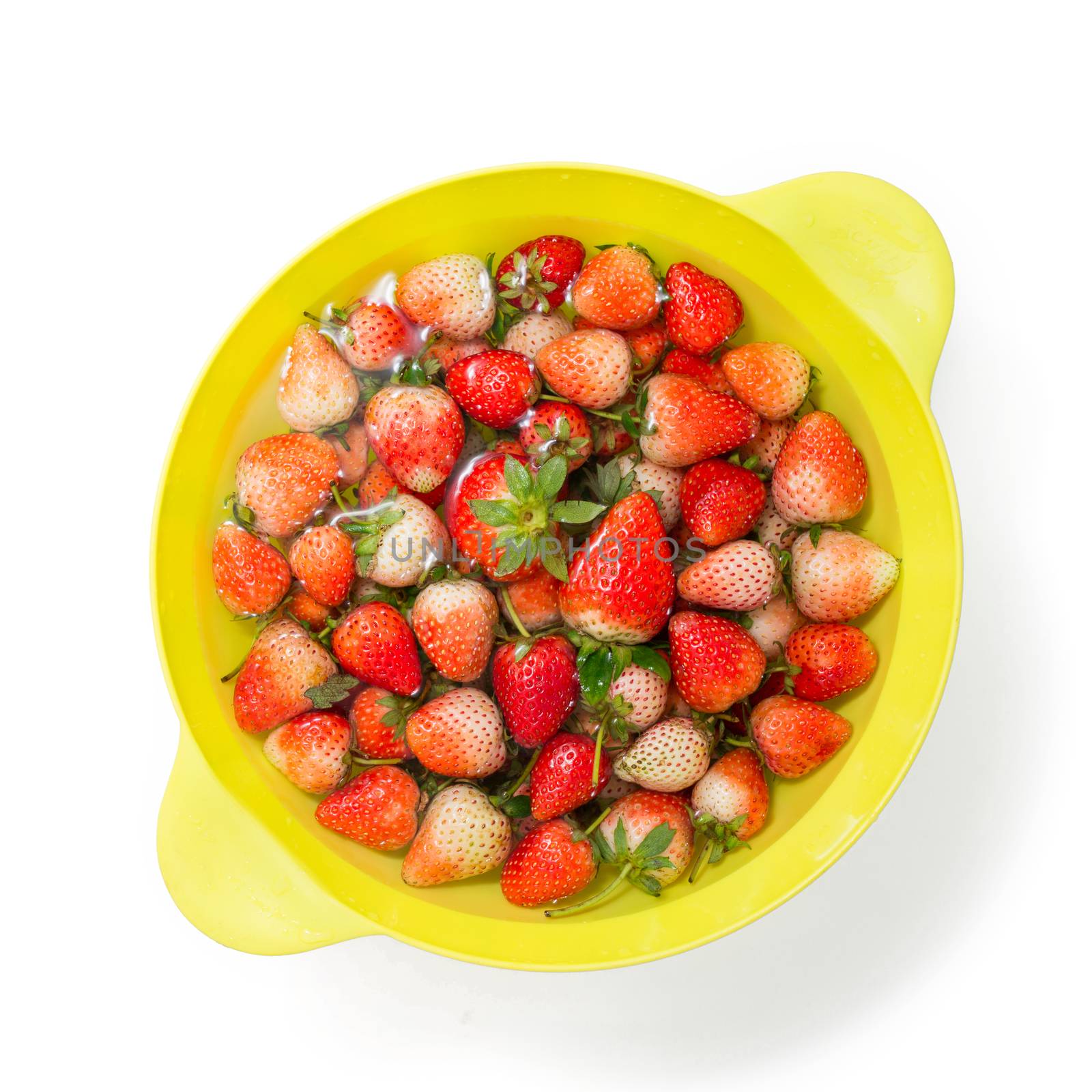 fresh red strawberry soaking in water in plastic bowl by antpkr