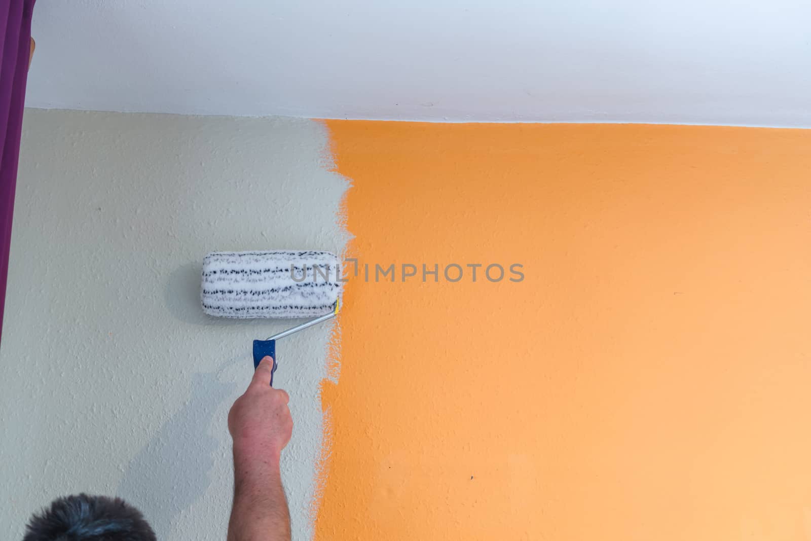 Hand with paint roller renovating. Painting a wall with white paint