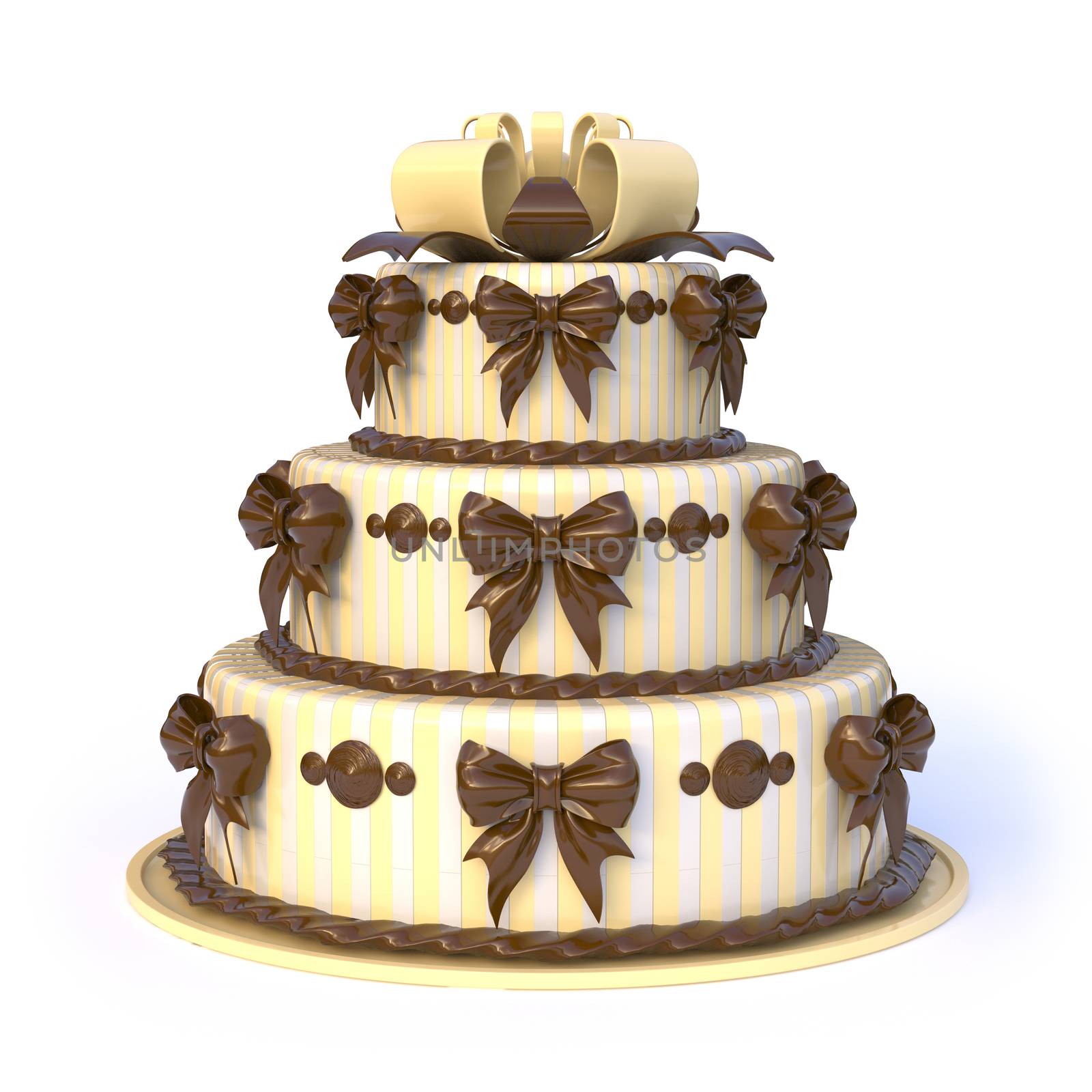 Three floors yellow cake with ribbon bows. 3D render illustration isolated on white background