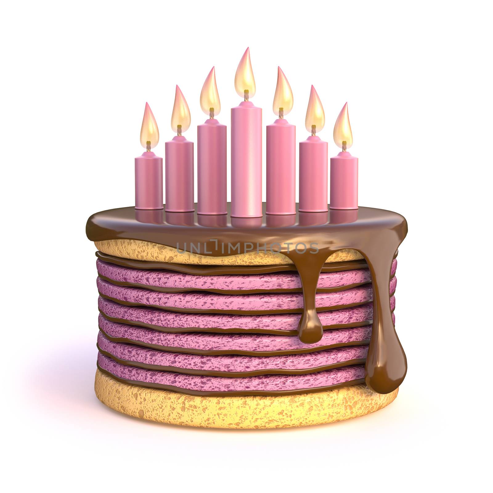 Birthday cake with seven candles. 3D render illustration isolated on white background