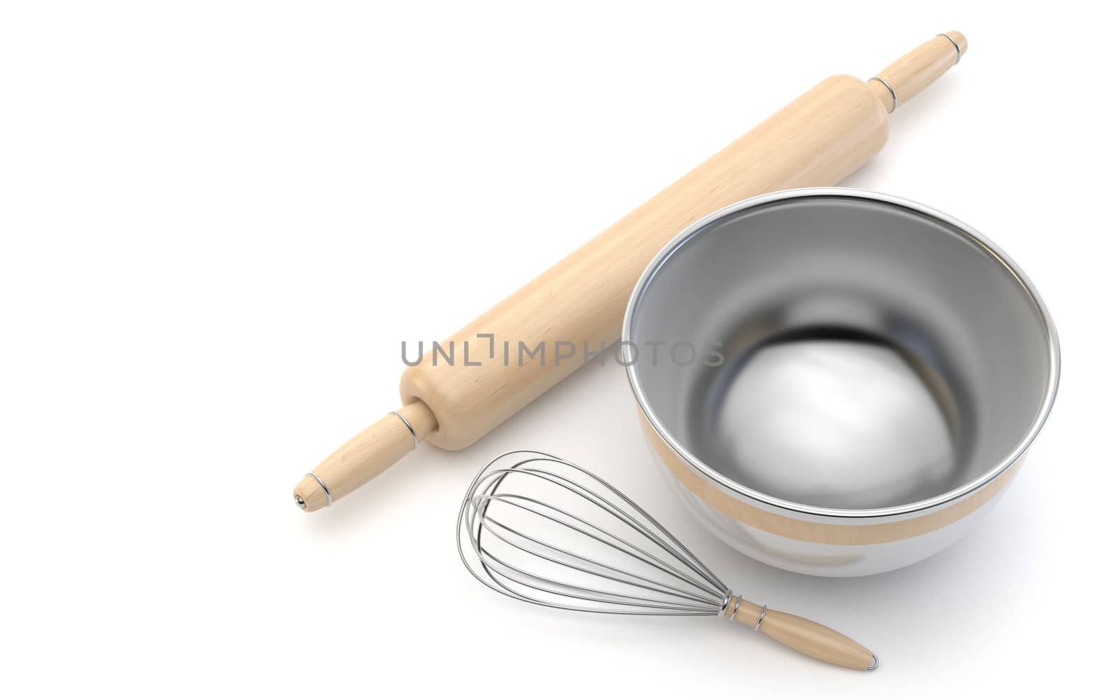 Wire whisk, wooden rolling pin and chrome bowl. 3D render illustration isolated on white background