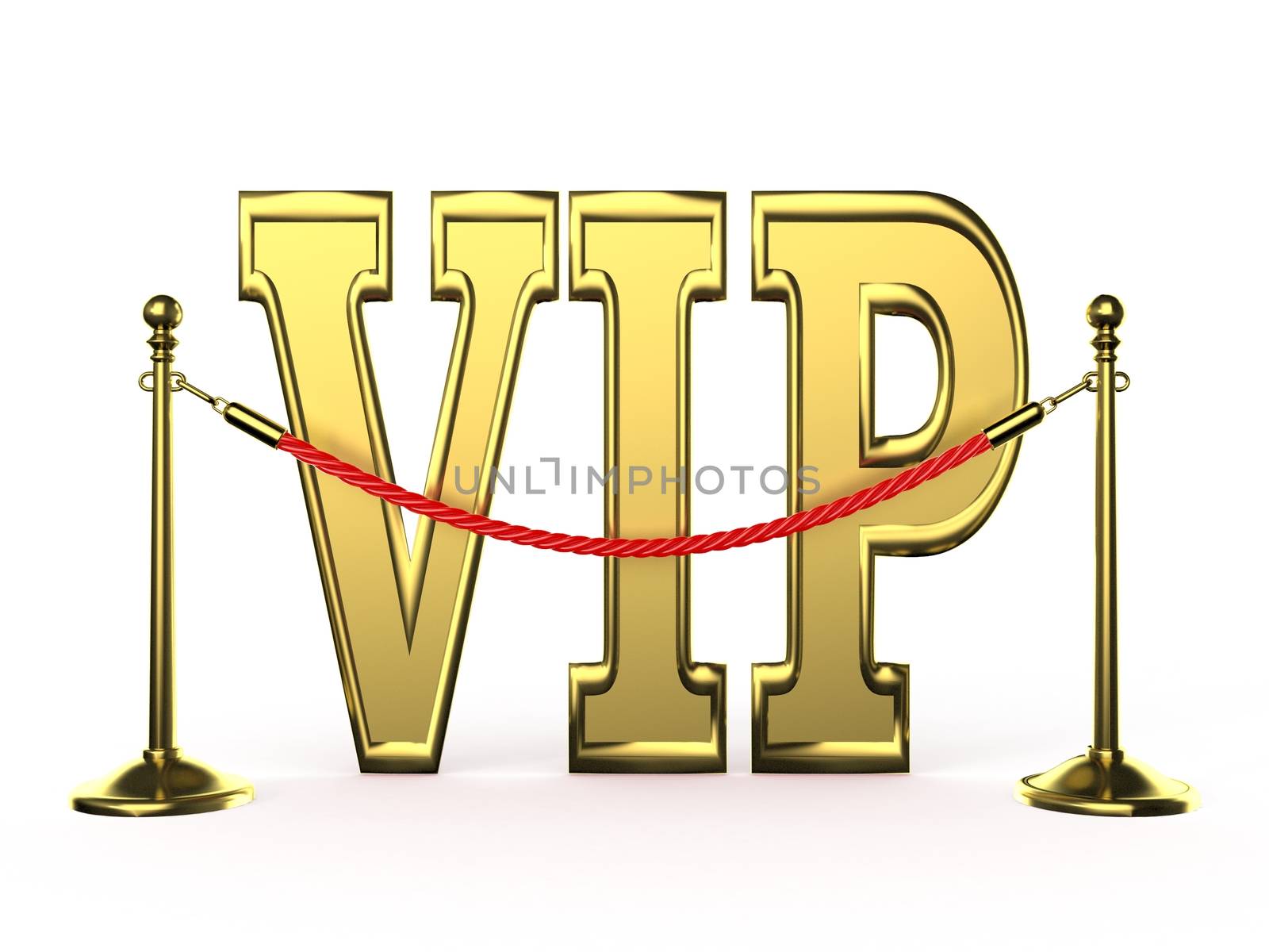 Velvet rope barrier, with golden VIP sign. 3D render illustration isolated on white background