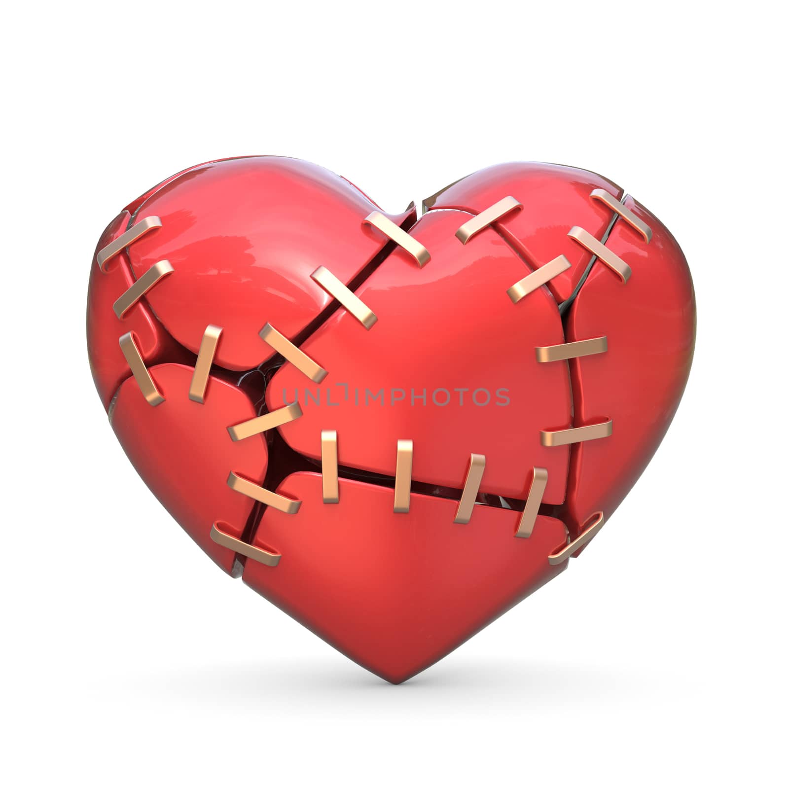 Broken red heart joined with metal staples. 3D by djmilic