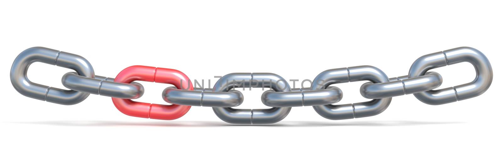 Chain with one red link 3D render illustration isolated on white background