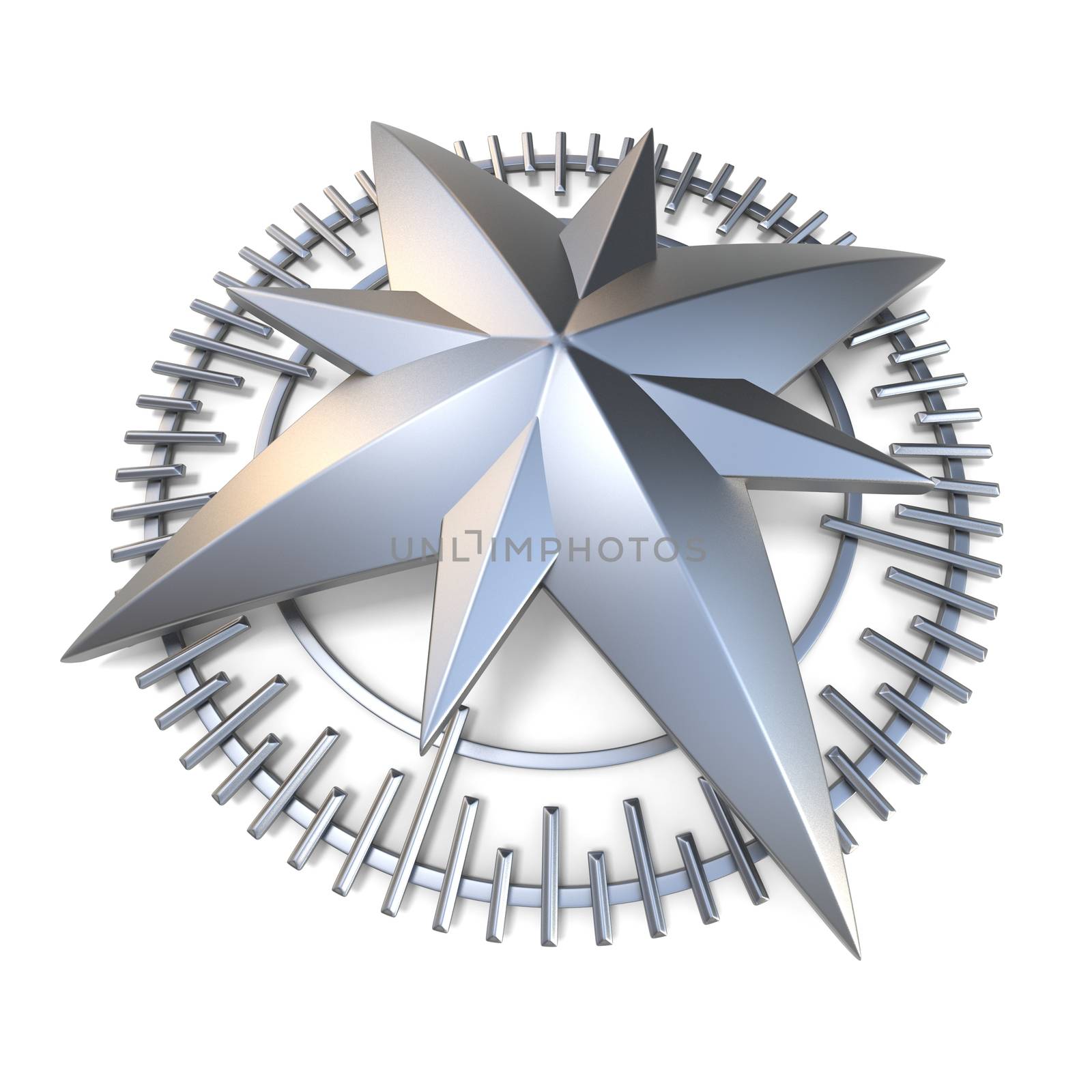 Metallic compass rose 3D render illustration isolated on white background