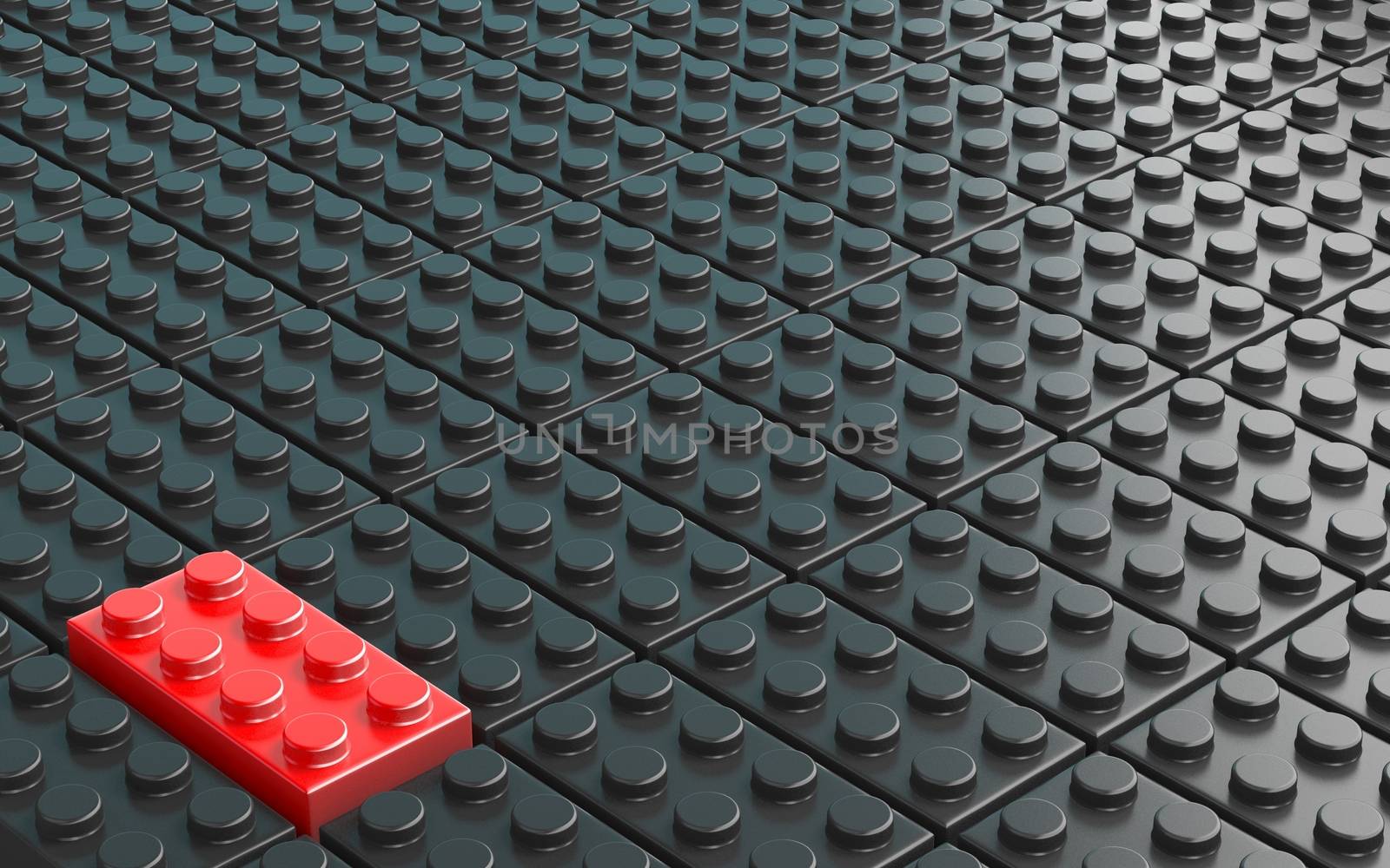 One red plastic brick toy on background made of black plastic bricks 3D render illustration