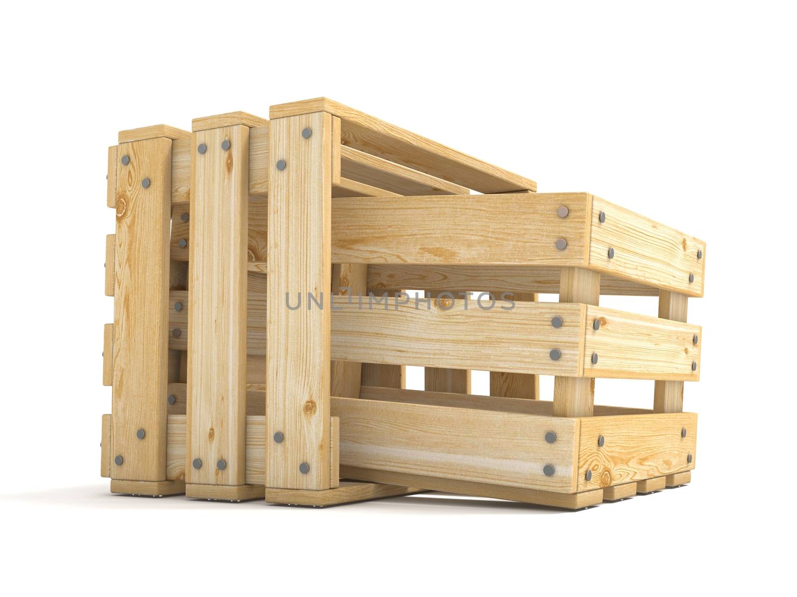 Two empty wooden crate Side view 3D render illustration isolated on white background
