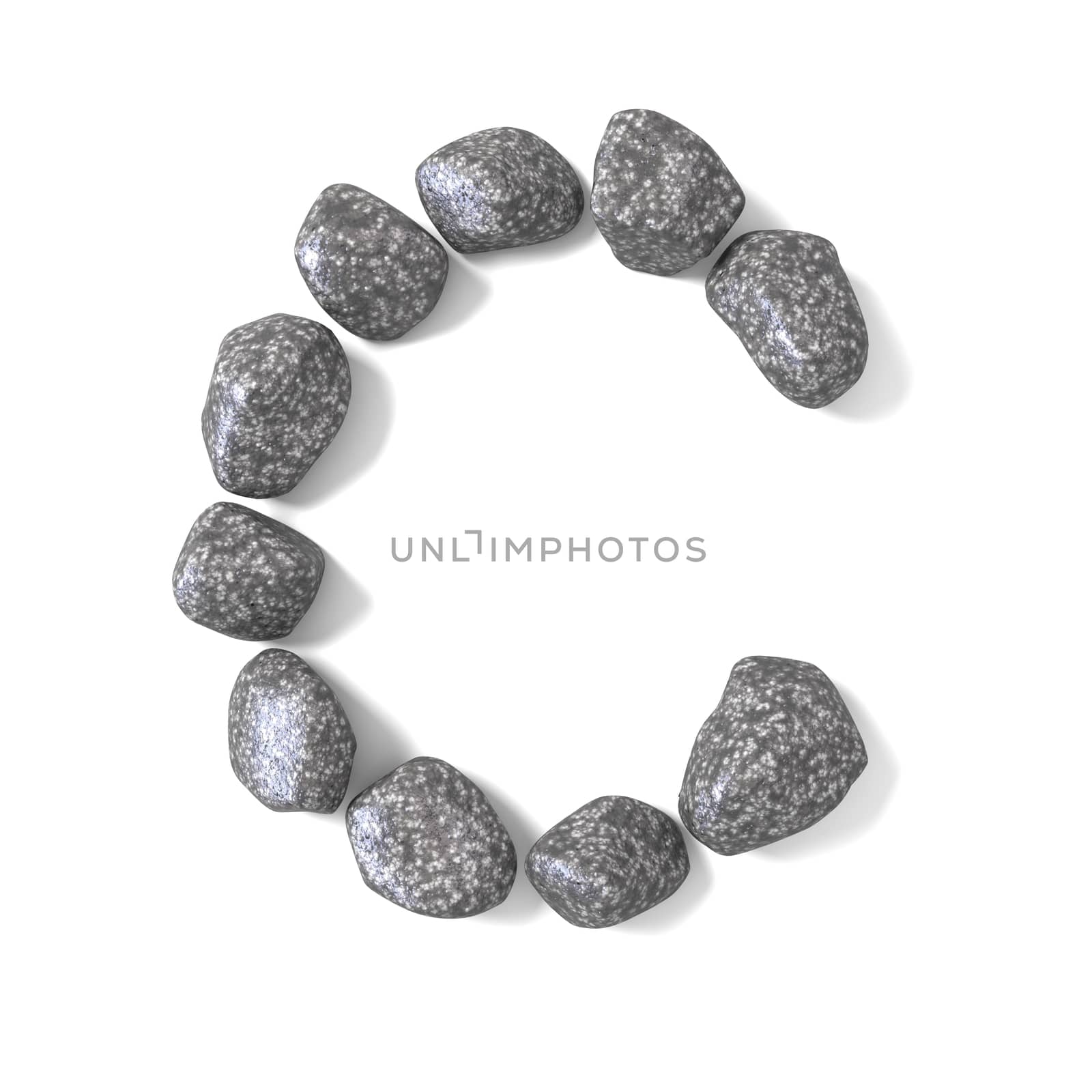 Font made of rocks LETTER C render illustration isolated on white background
