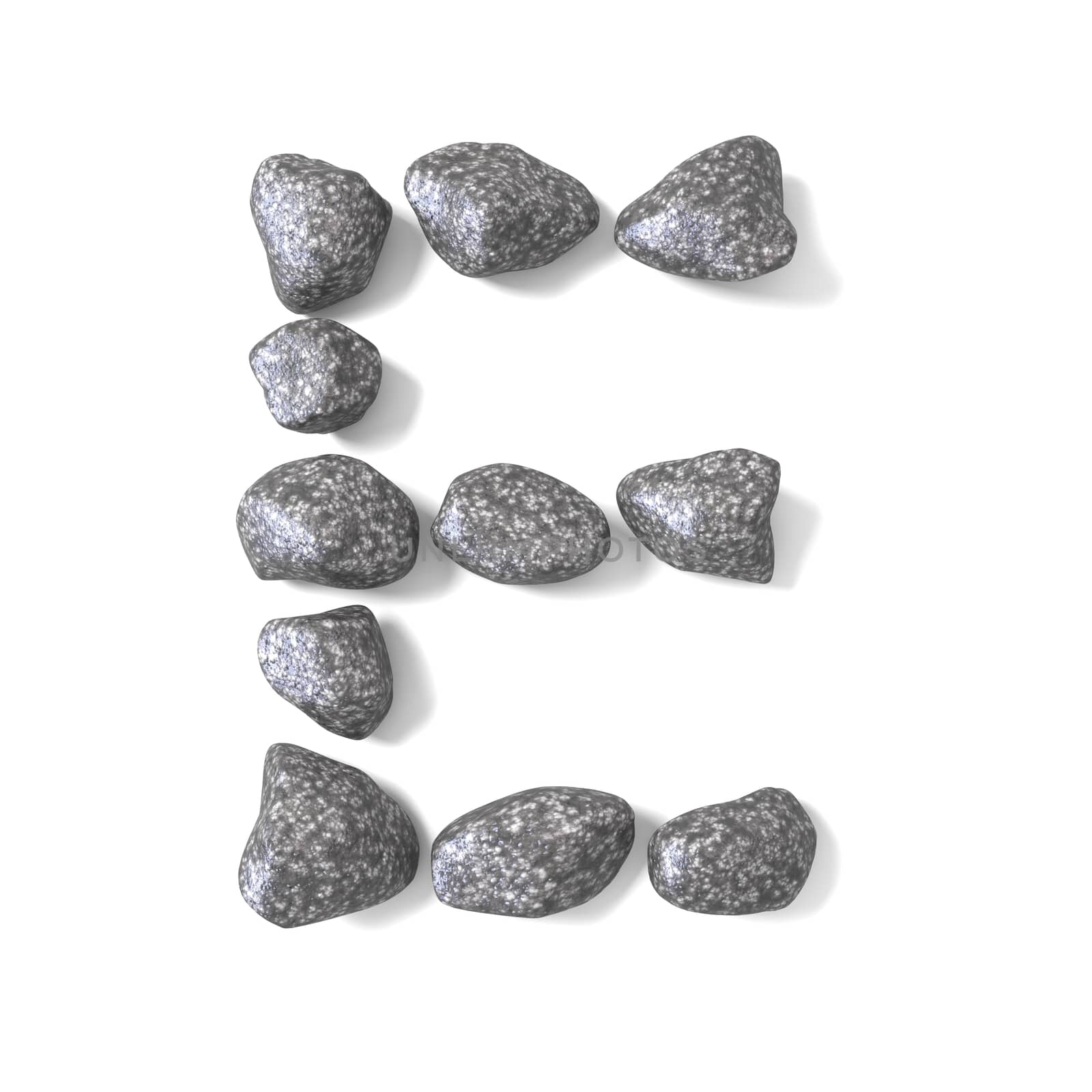 Font made of rocks LETTER E 3D render illustration isolated on white background