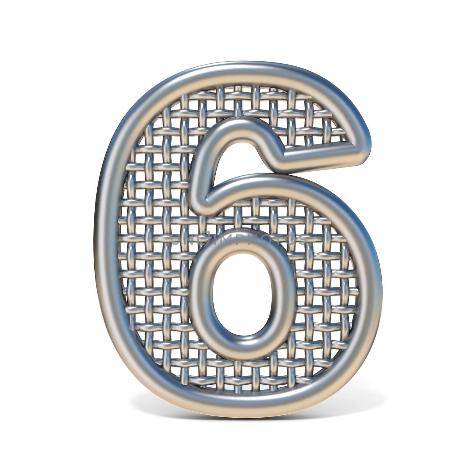 Outlined metal wire mesh font Number 6 SIX 3D render illustration isolated on white background