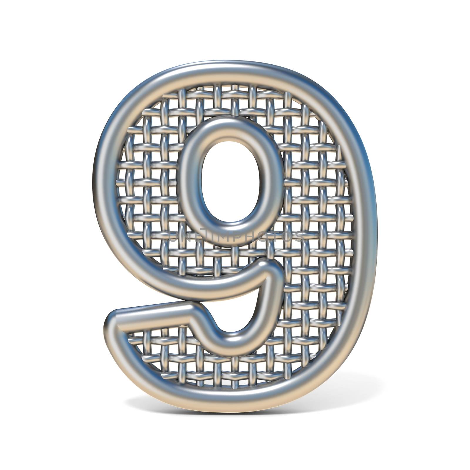 Outlined metal wire mesh font Number 9 NINE 3D render illustration isolated on white background