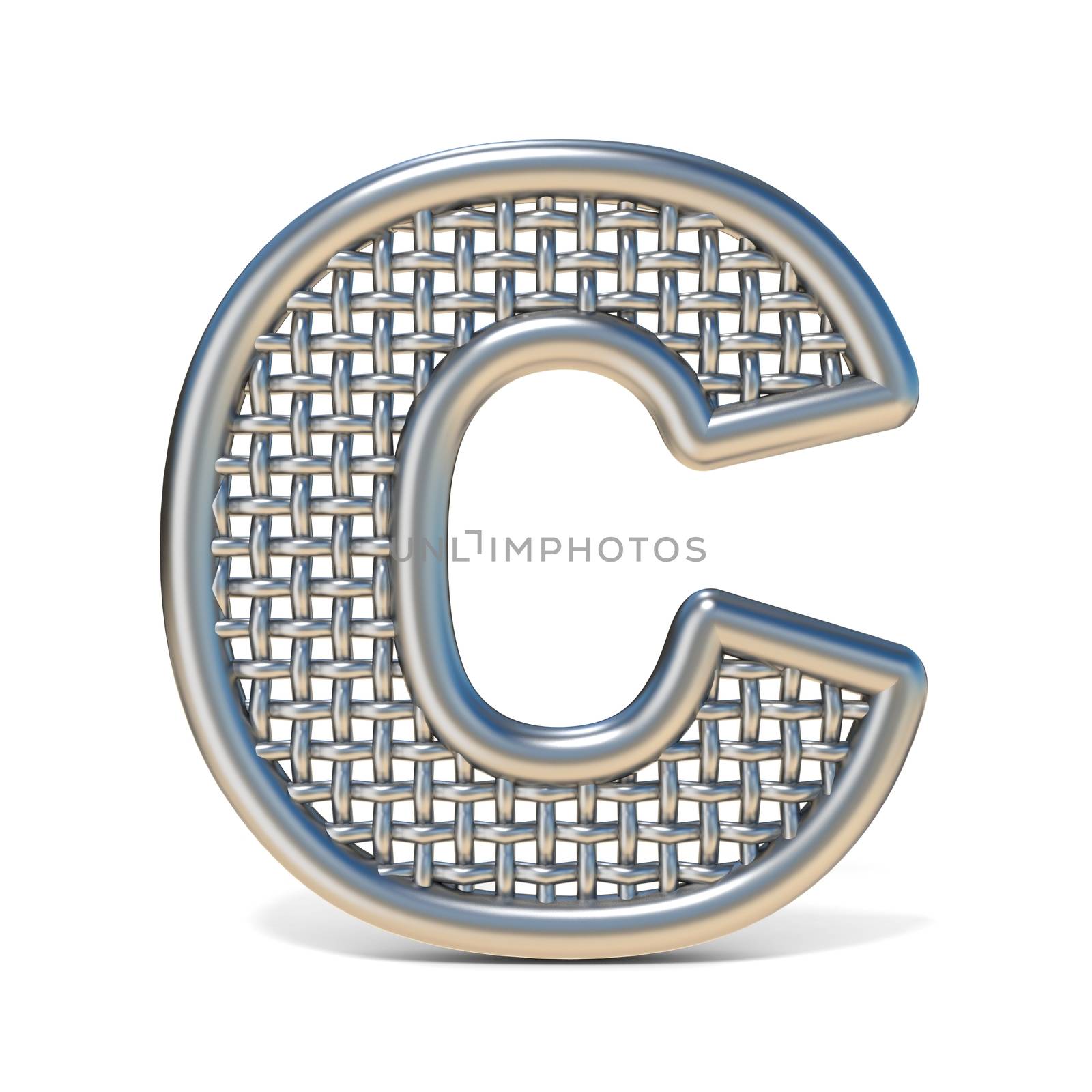 Outlined metal wire mesh font LETTER C 3D render illustration isolated on white background