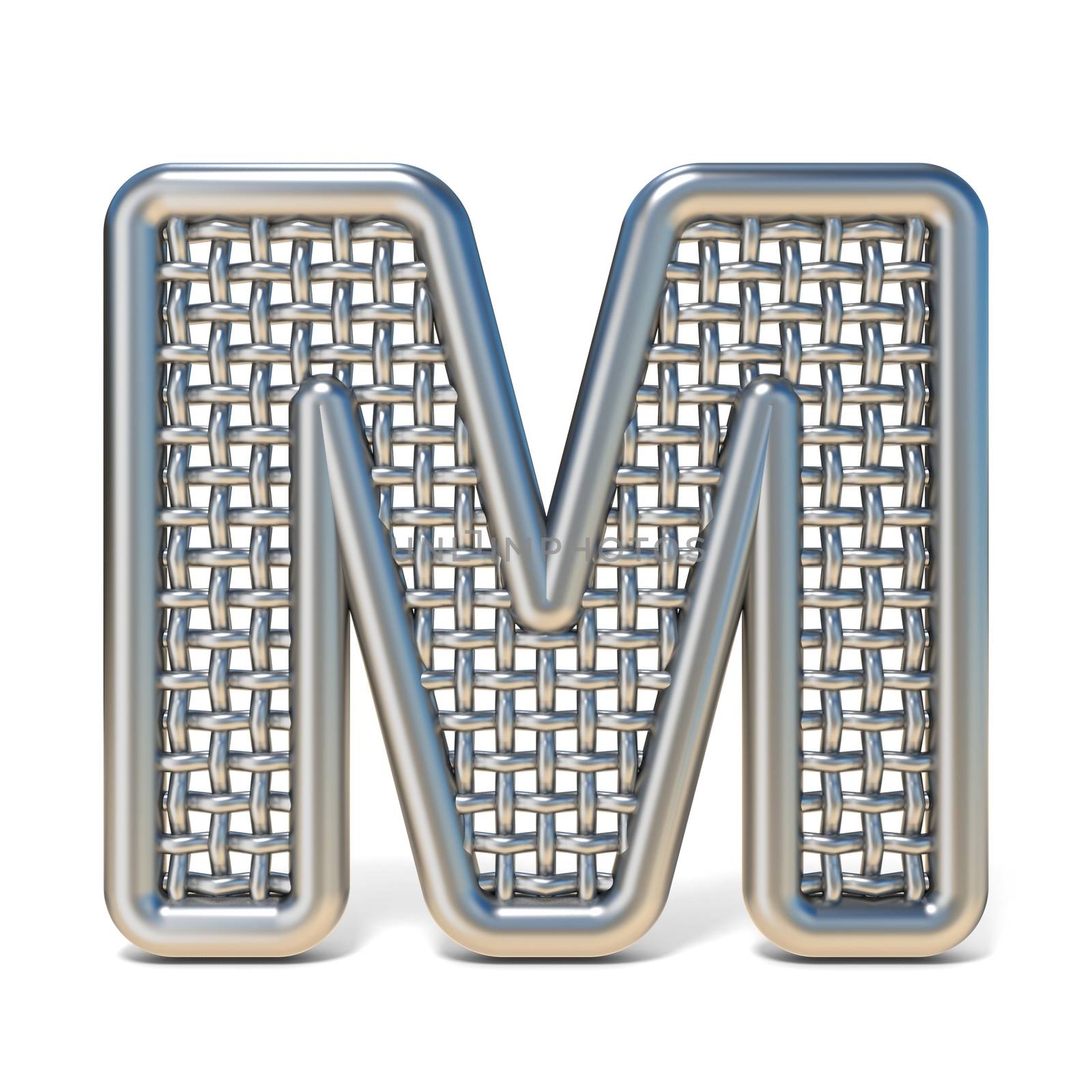 Outlined metal wire mesh font LETTER M 3D render illustration isolated on white background