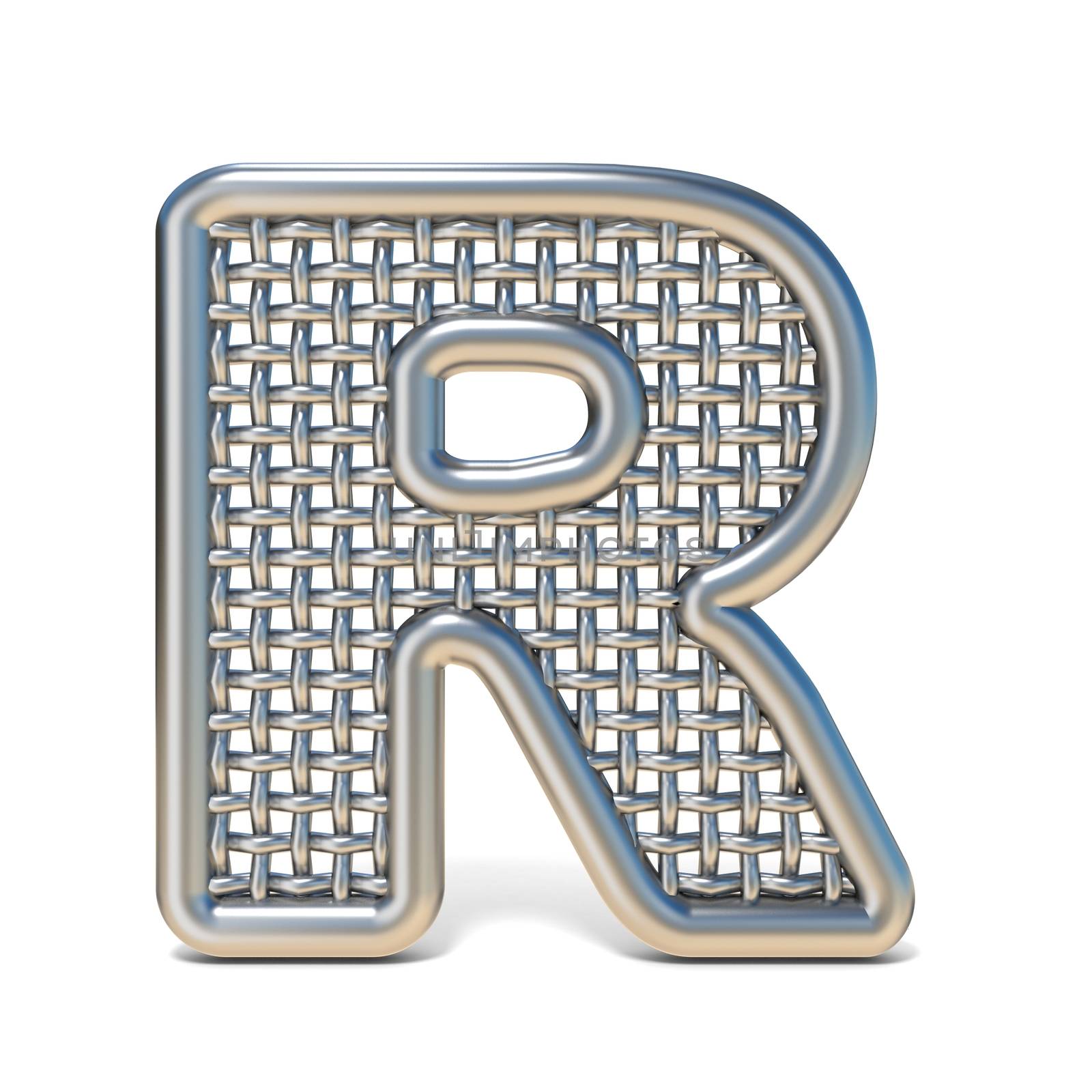 Outlined metal wire mesh font LETTER R 3D render illustration isolated on white background