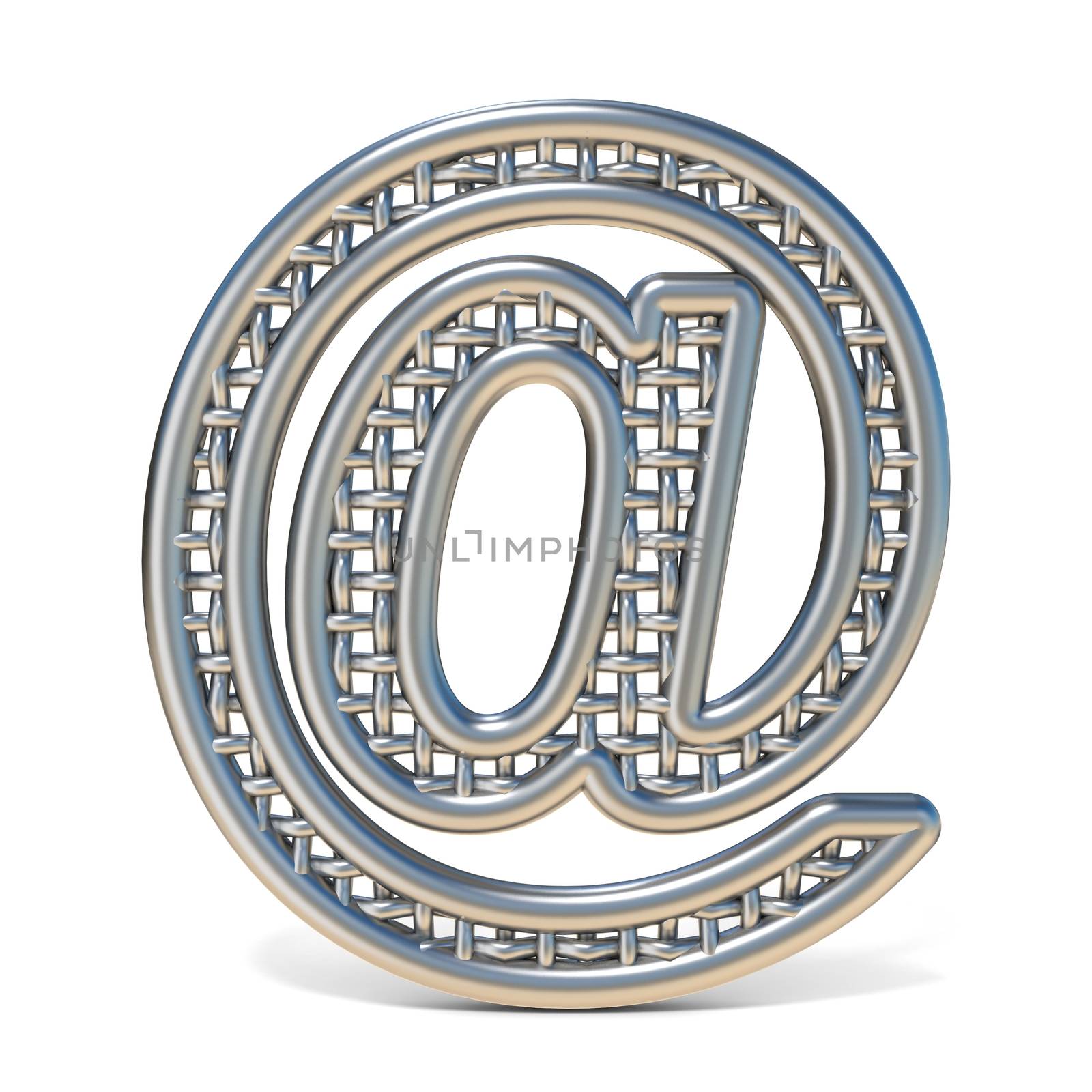 Outlined metal wire mesh font MAIL AT SIGN 3D render illustration isolated on white background
