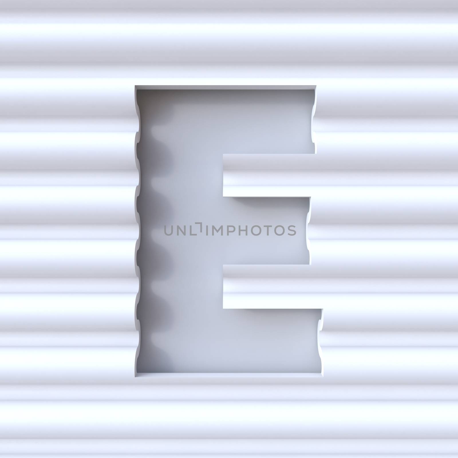 Cut out font in wave surface LETTER E 3D rendering illustration