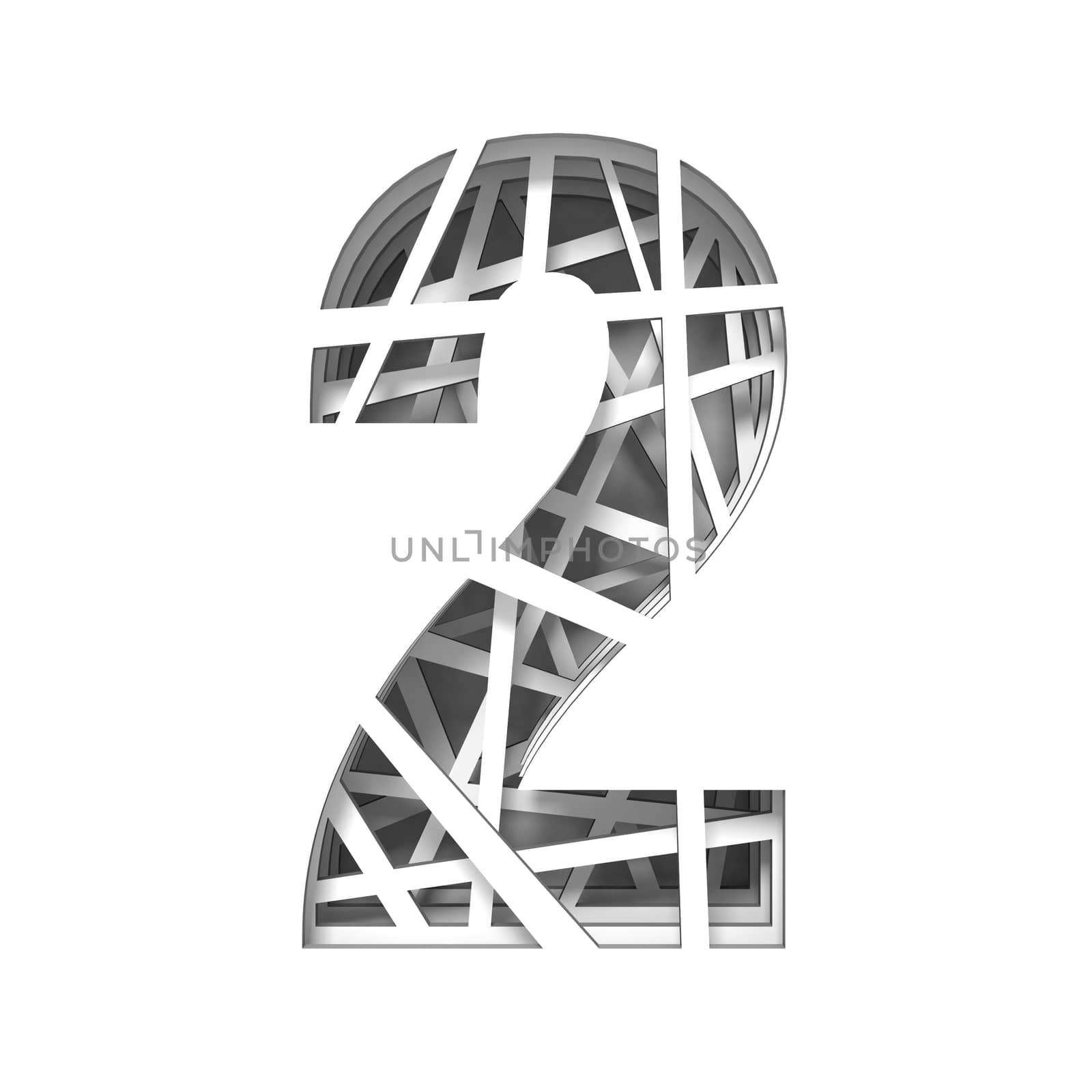 Paper cut out font number TWO 2 3D render illustration isolated on white background