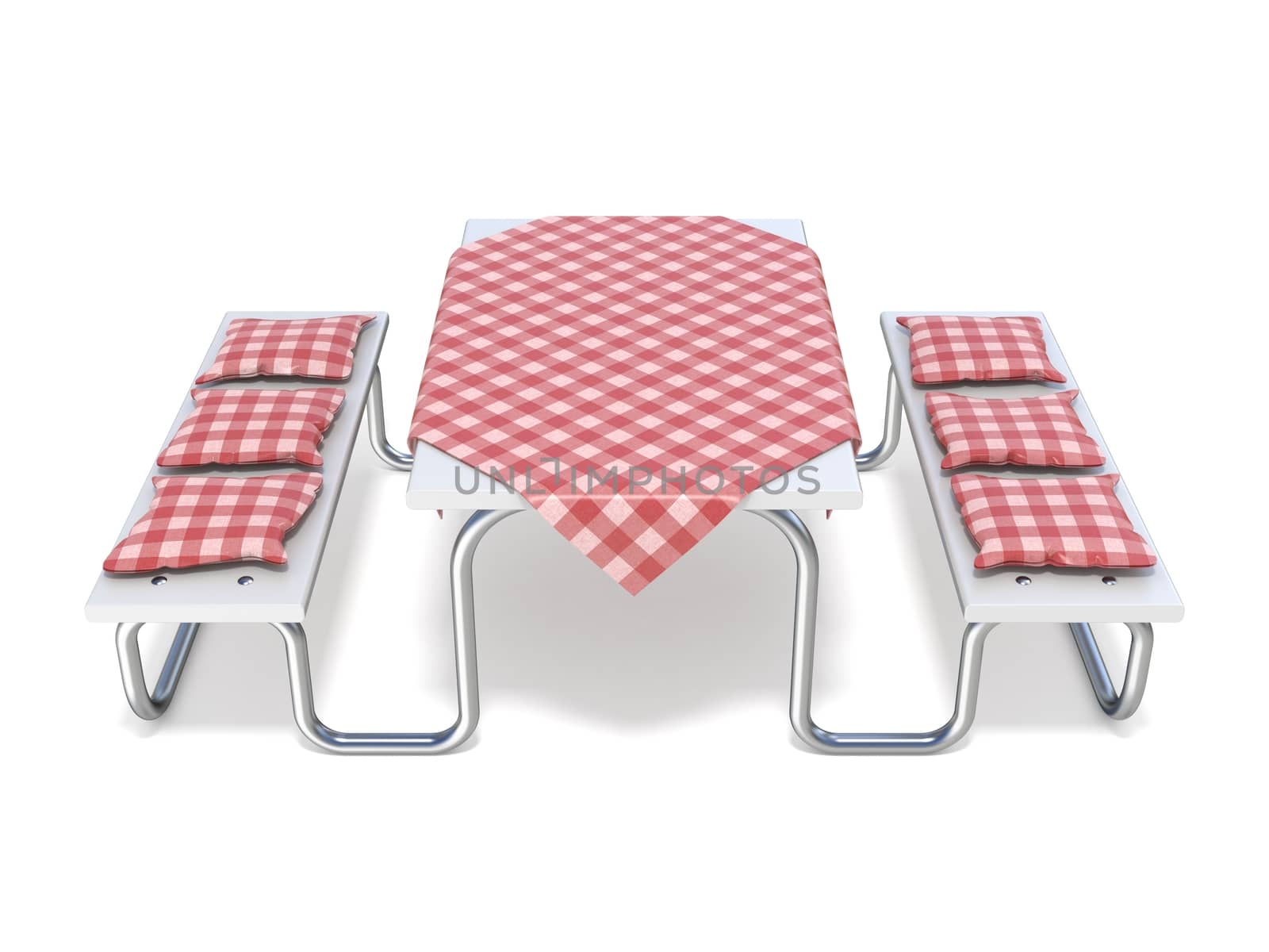 Picnic table with red table cover and pillows. 3D render illustration isolated on white background