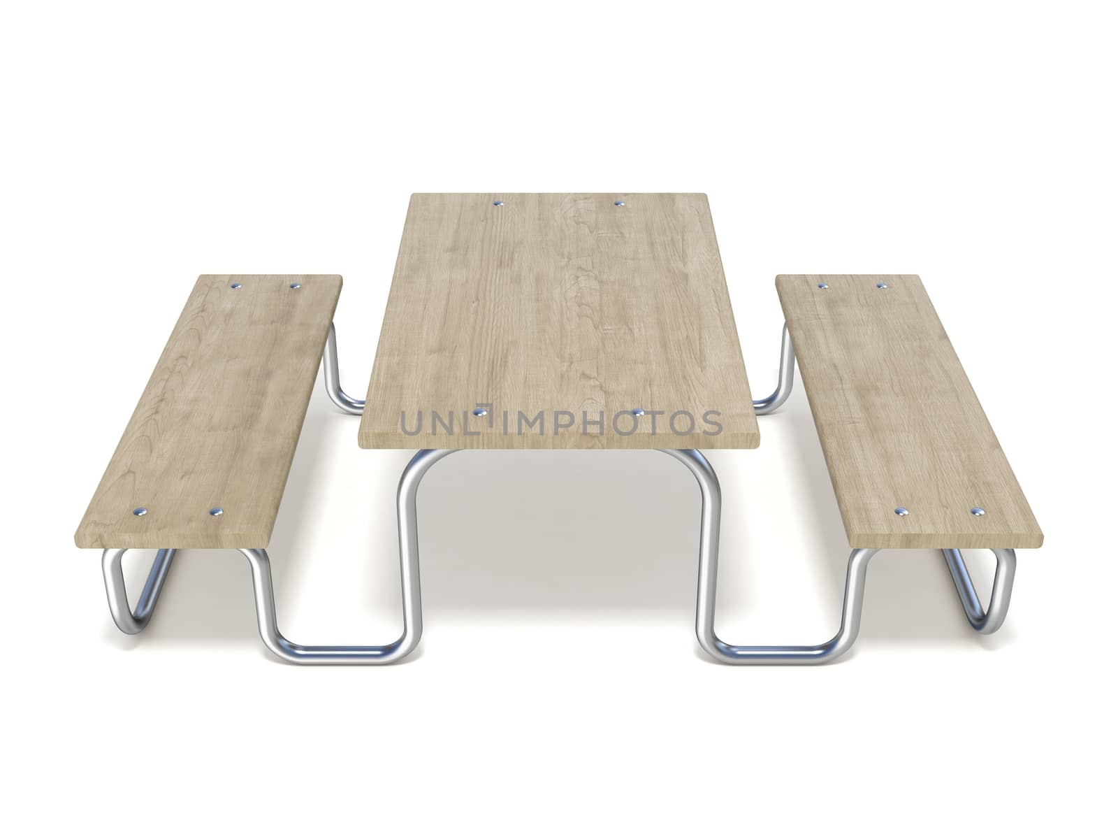 Wooden picnic table 3D render illustration isolated on white background