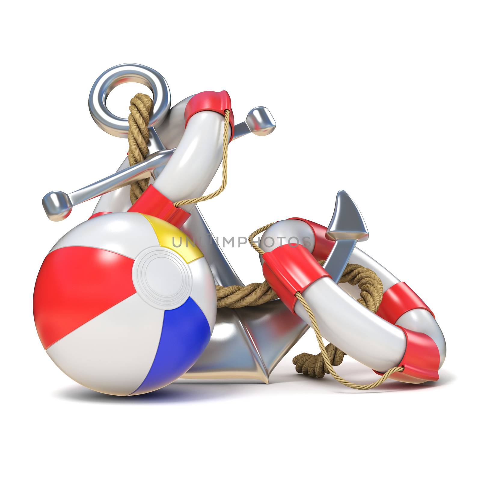 Steel anchor, beach ball and saving belt 3D render illustration isolated on white background