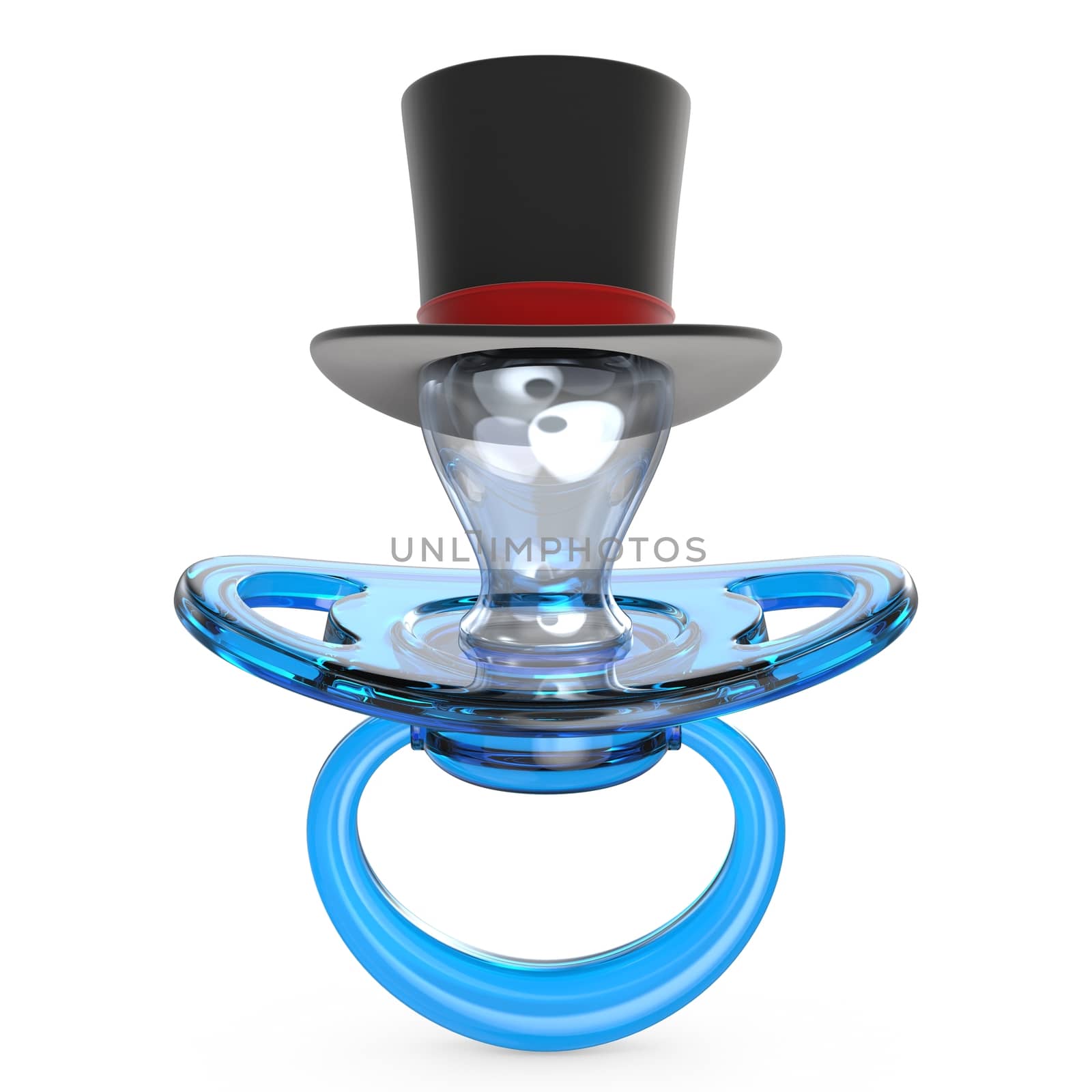 Blue baby pacifier with gentleman hat Baby BOY symbol 3D render illustration isolated on white background