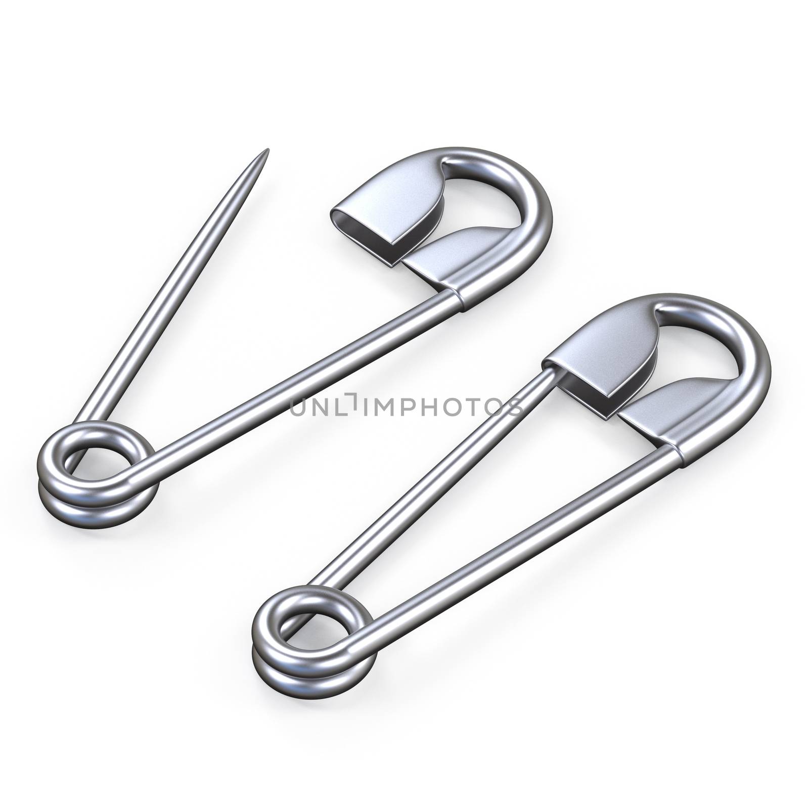 Open and closed safety pins 3D render illustration isolated on white background