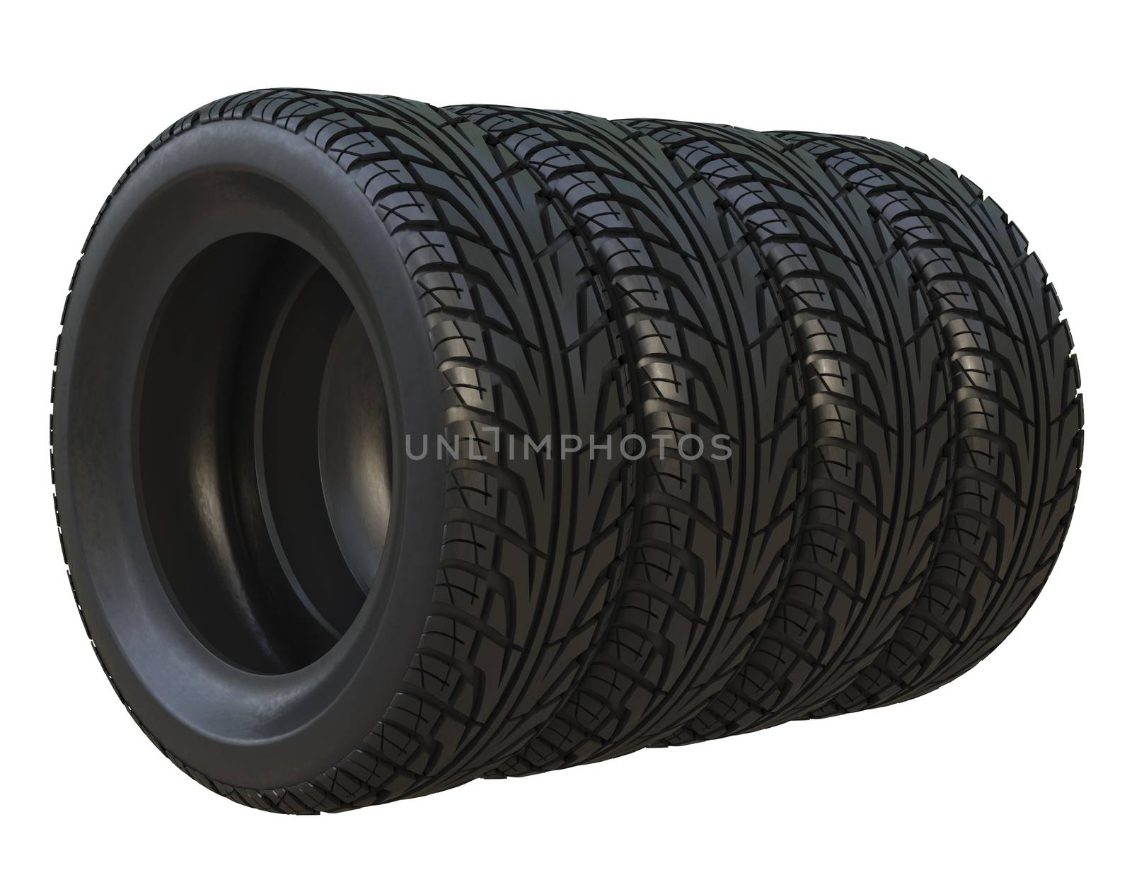 Group black tires, isolated on white background. 3d illustration