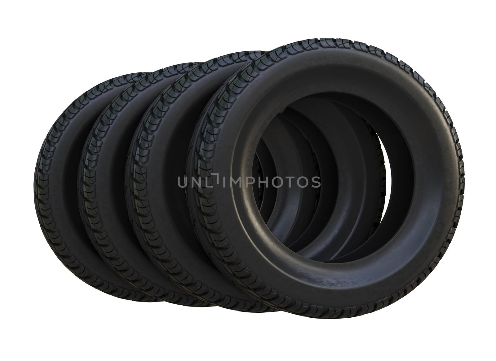 Group black tires, isolated on white background. 3d illustration