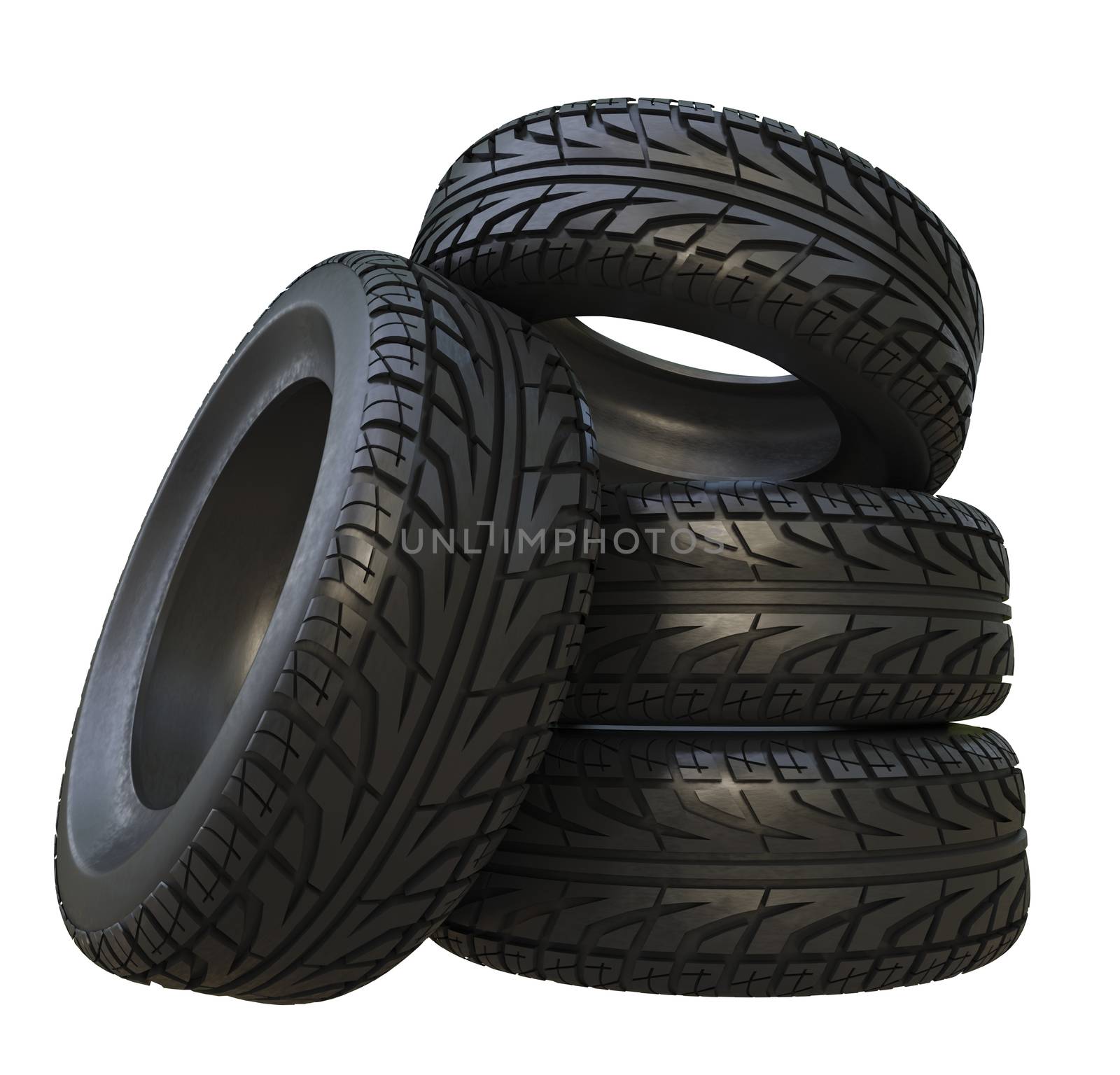 Group black tires, isolated on white background. 3d illustration