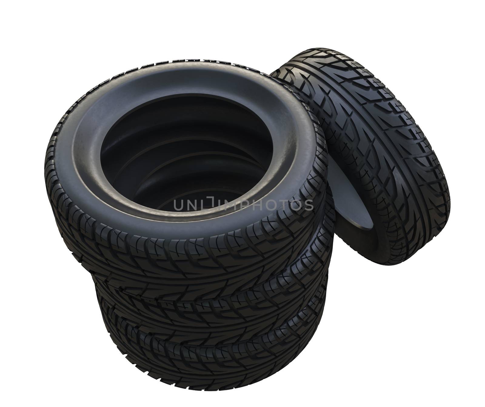 Group black tires, isolated on white background. 3d illustration