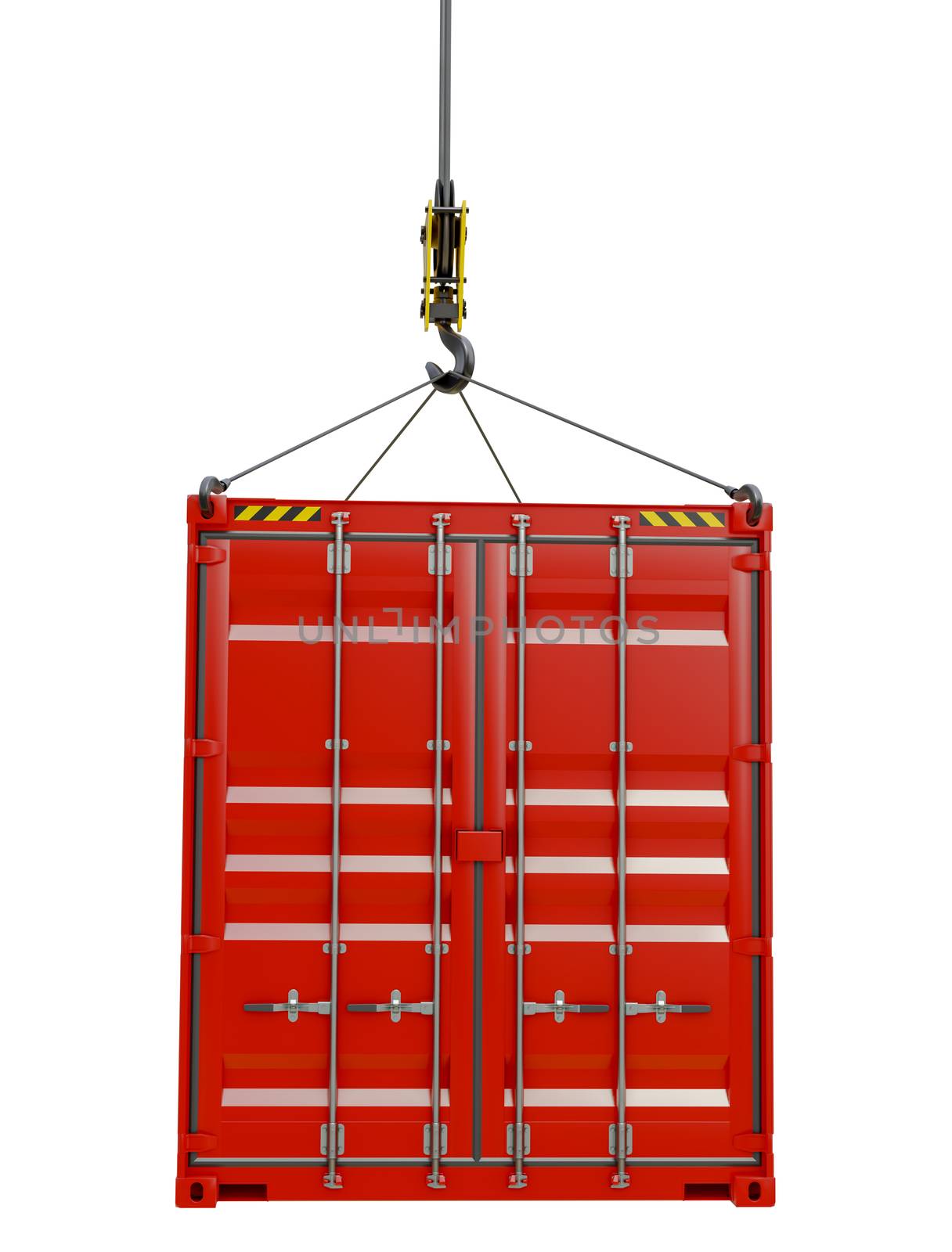 Red cargo container hoisted by hook by cherezoff