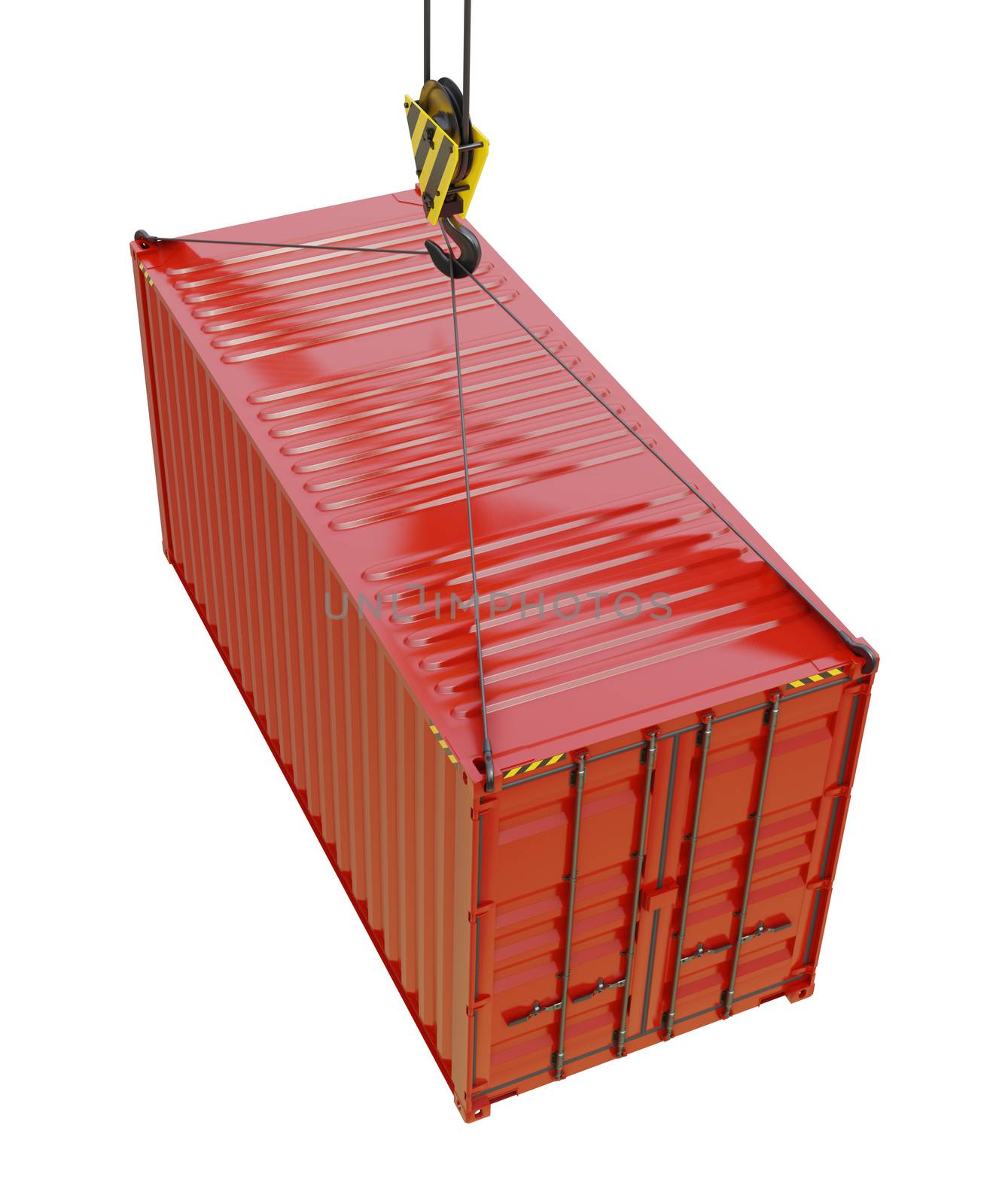 Red cargo container hoisted by hook, isolated on white. 3D rendering