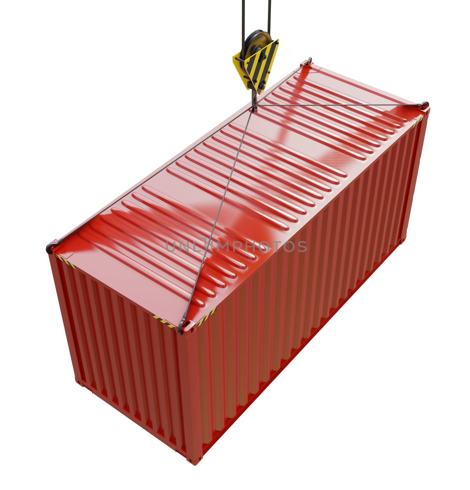 Service delivery - red cargo container hoisted by hook by cherezoff