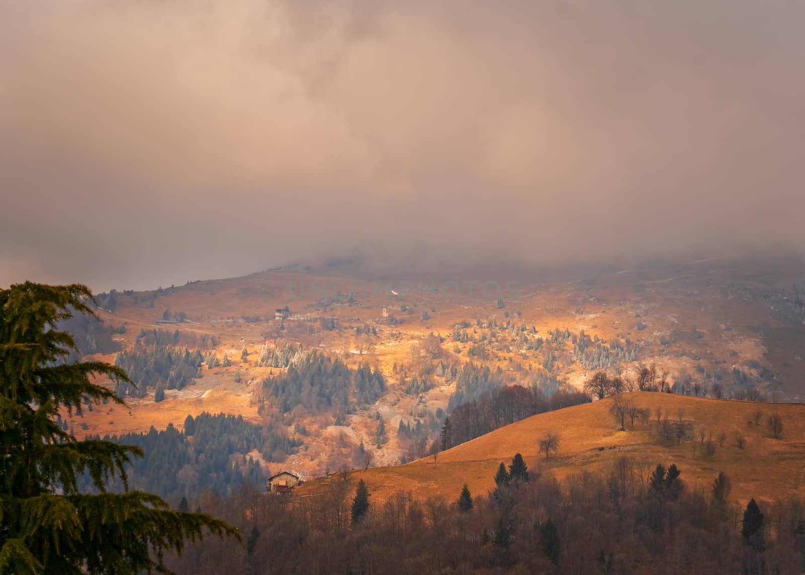 Amazing view of the Orobie Alps, autumn / winter, the mountain is a little snow-covered ,the grass is burned by the cold and turns orange.Oltre il Colle,north alps,Seriana Valley,Bergamo Italy.