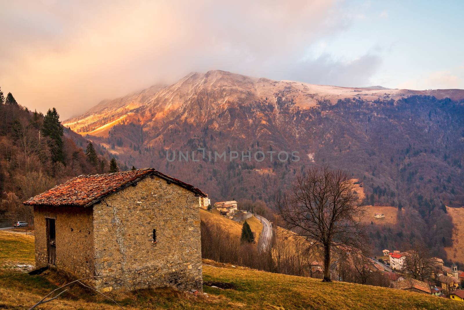 Beautiful view of the Orobie Alps at sunset,north Alps  autumn / winter, the mountain is a little snow-covered ,Oltre il Colle,Seriana Valley,Bergamo Italy.