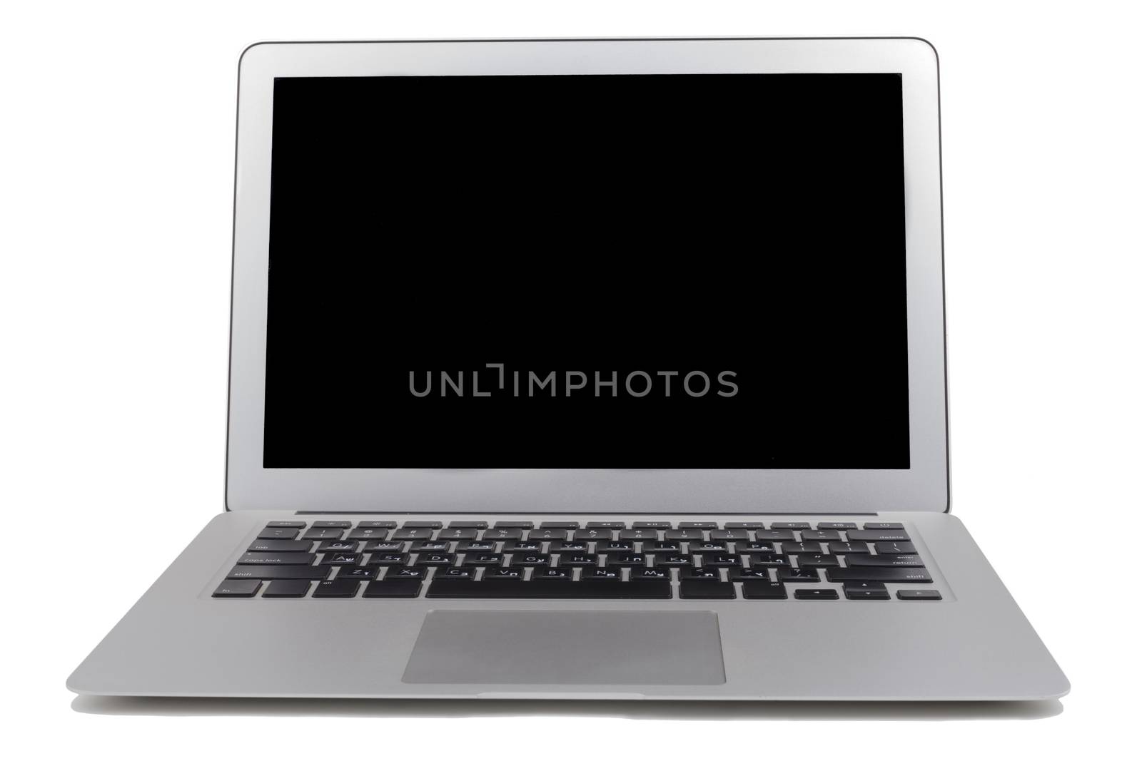 Slim silver laptop with blank black screen isolated on white background