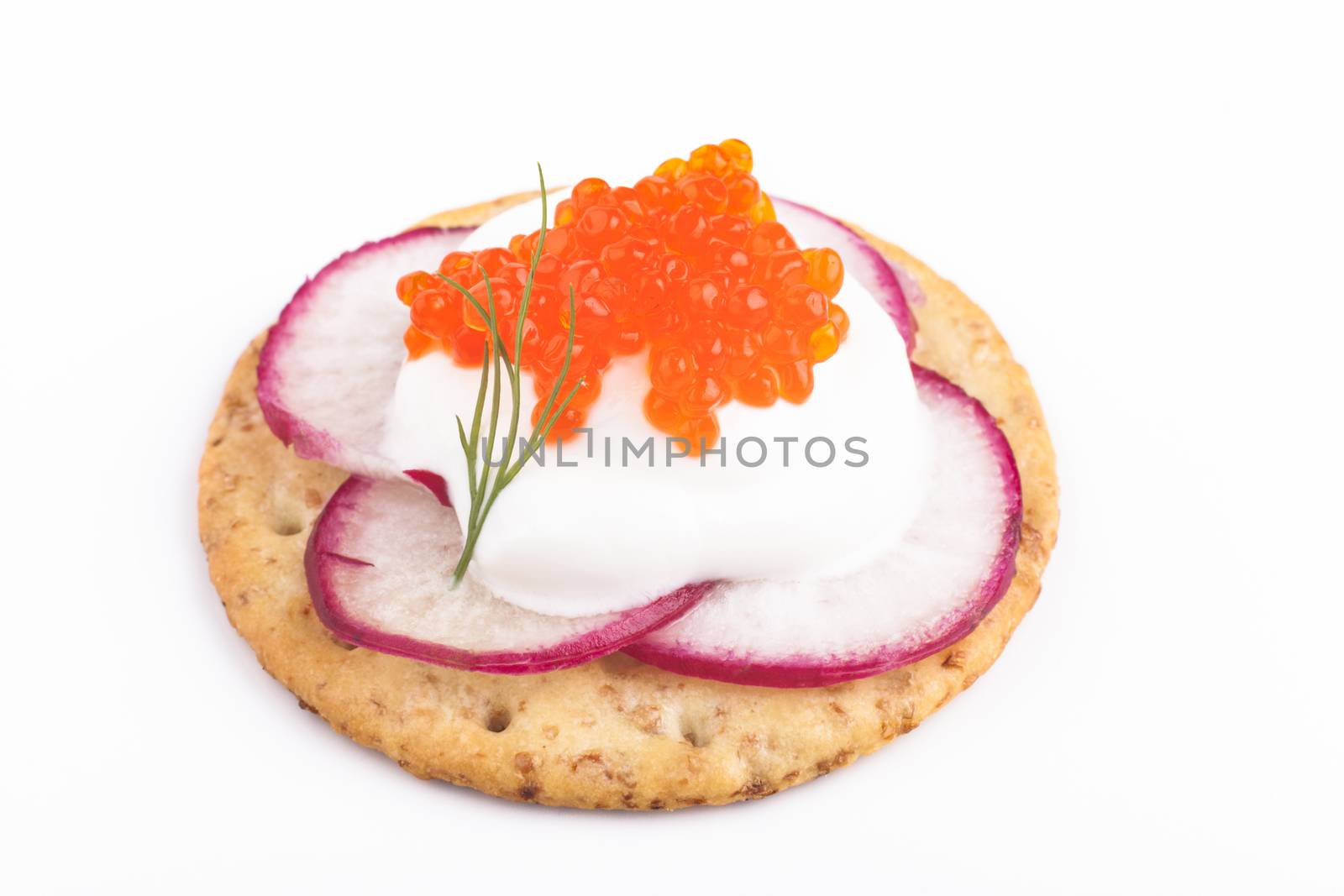 Red caviar on white chees  apetiser on white background