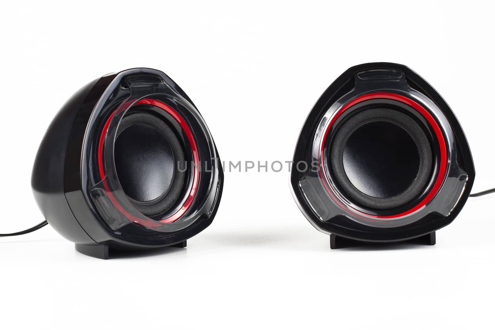 Two black speakers with red circle isolated on white background