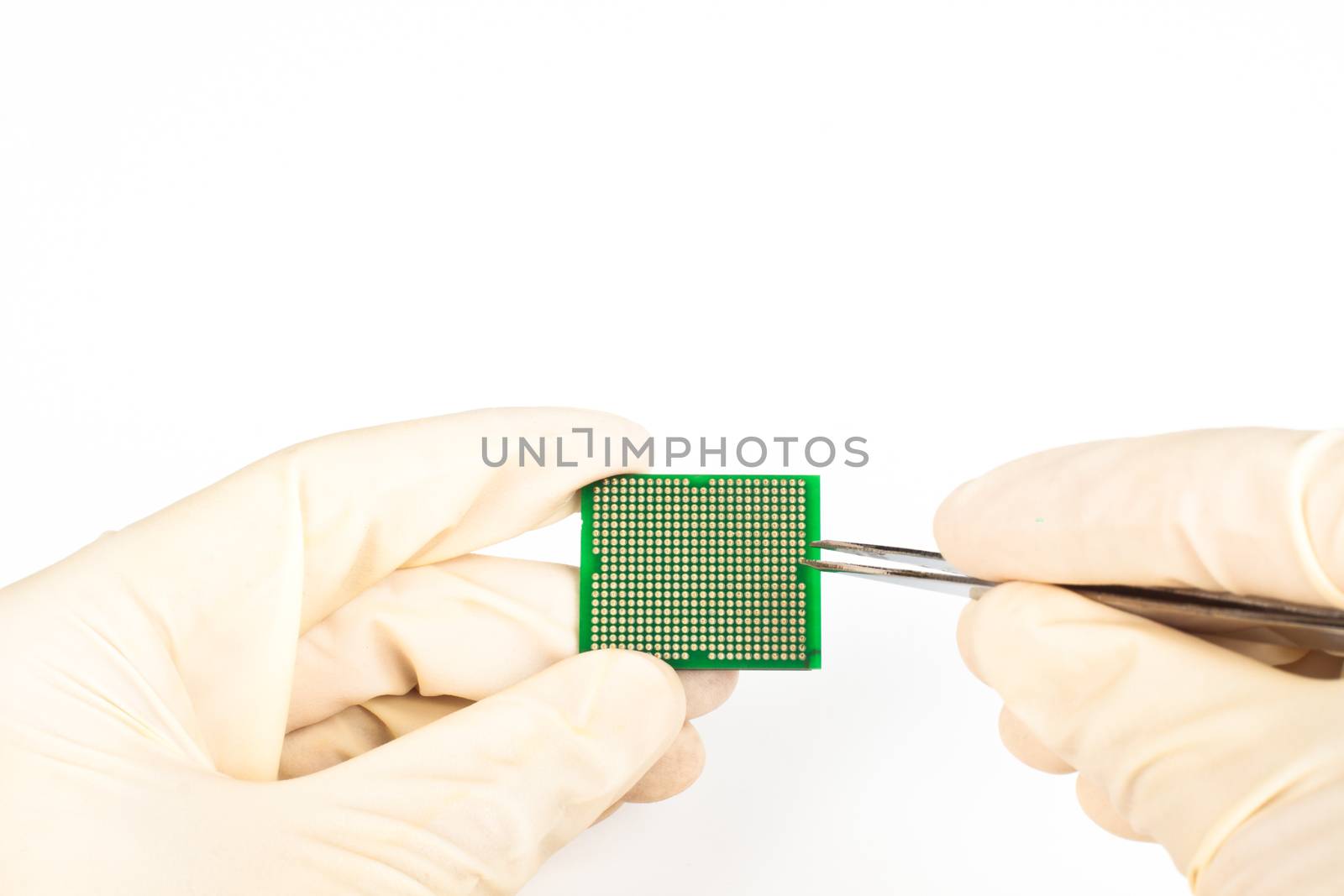 holding small Microprocessor and repair it isolated on white background