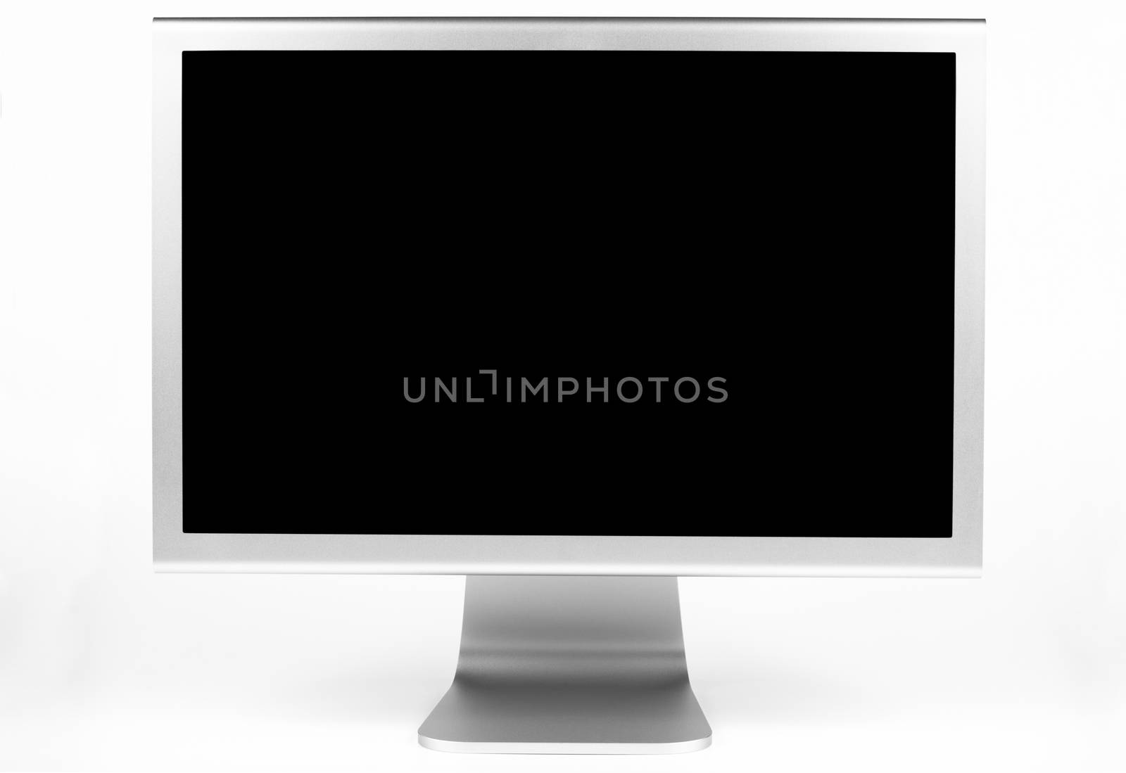 Silver computer monitor front view wth white screen isolated on white