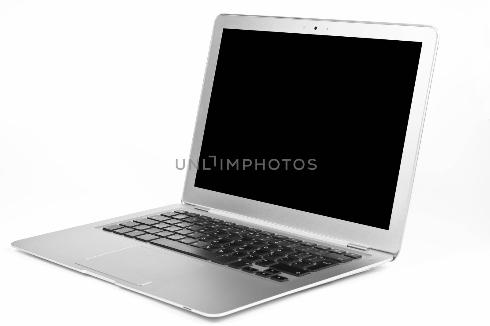 Thin silver laptop open with black blanc screen isolated on white background