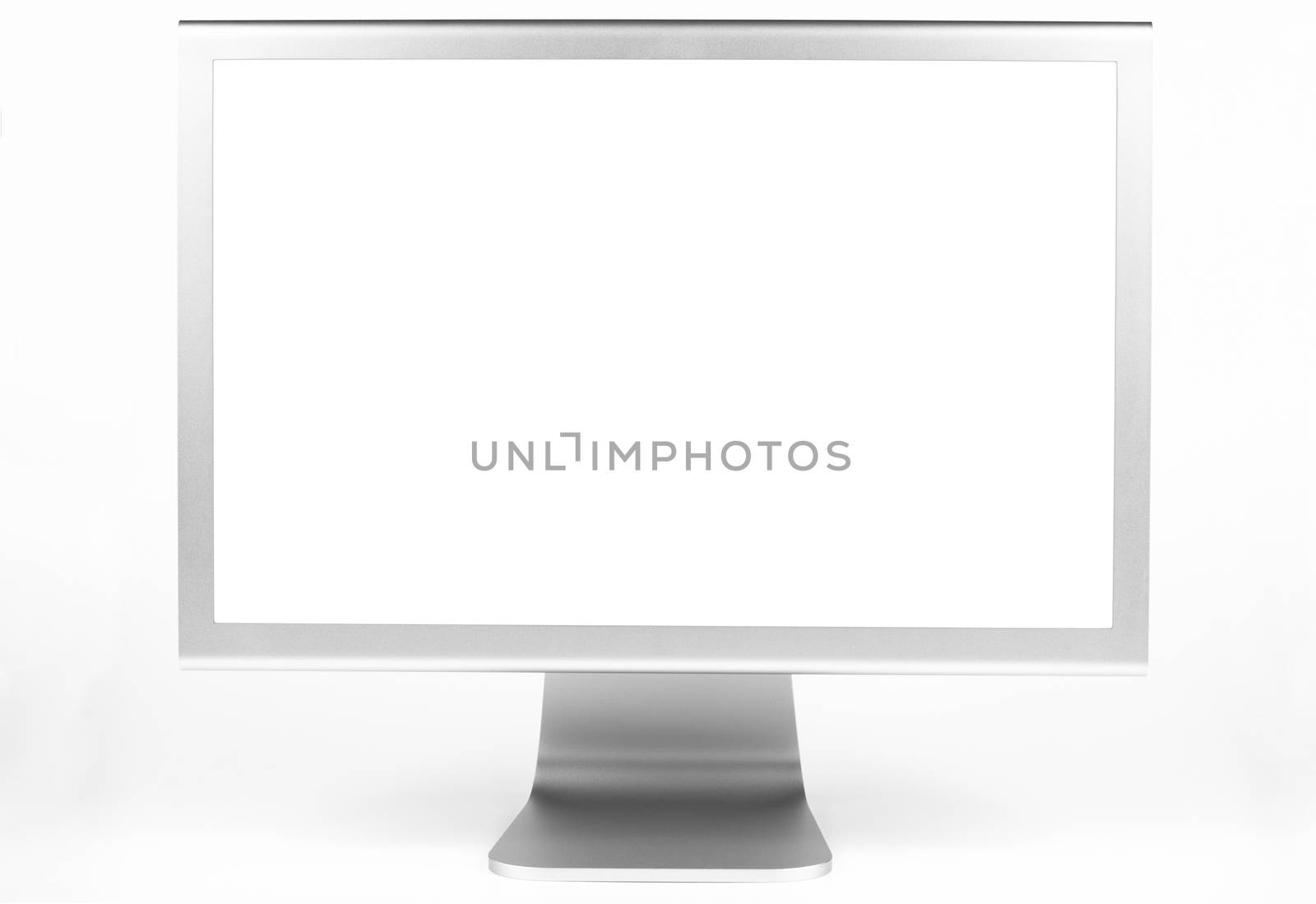 Silver computer monitor front view wth white screen isolated on white