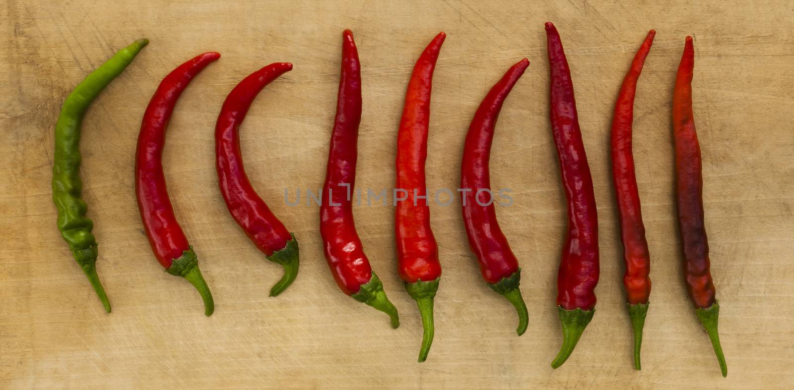 red chili pepers in a row on wood background green one is the leading