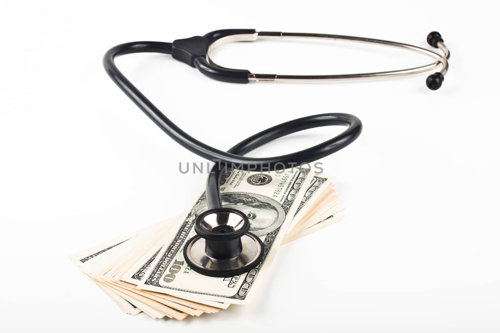 consulting dollars with a black stethoscope isolated on white background