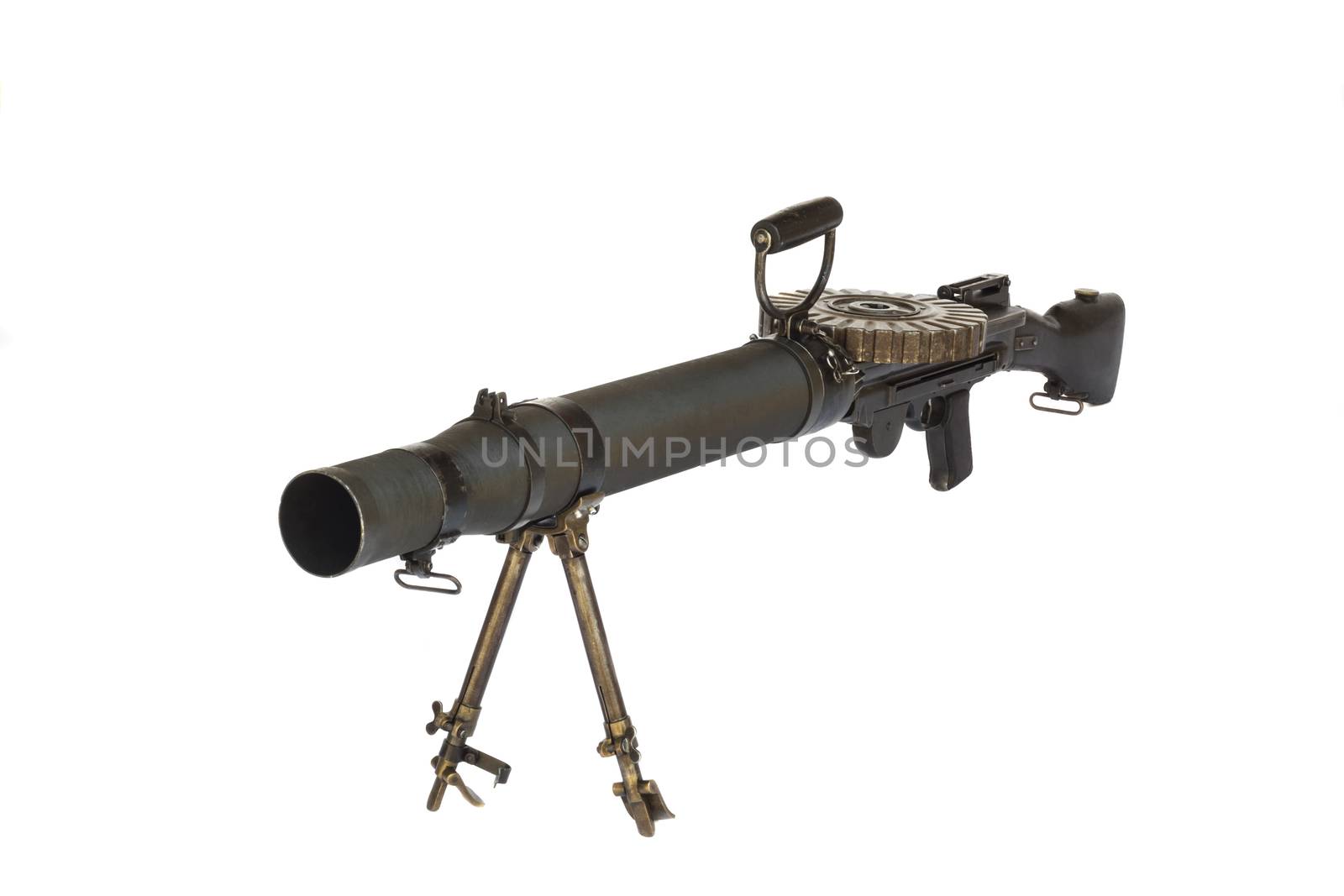 Old WW2 heavy machine gun front view isolated on white