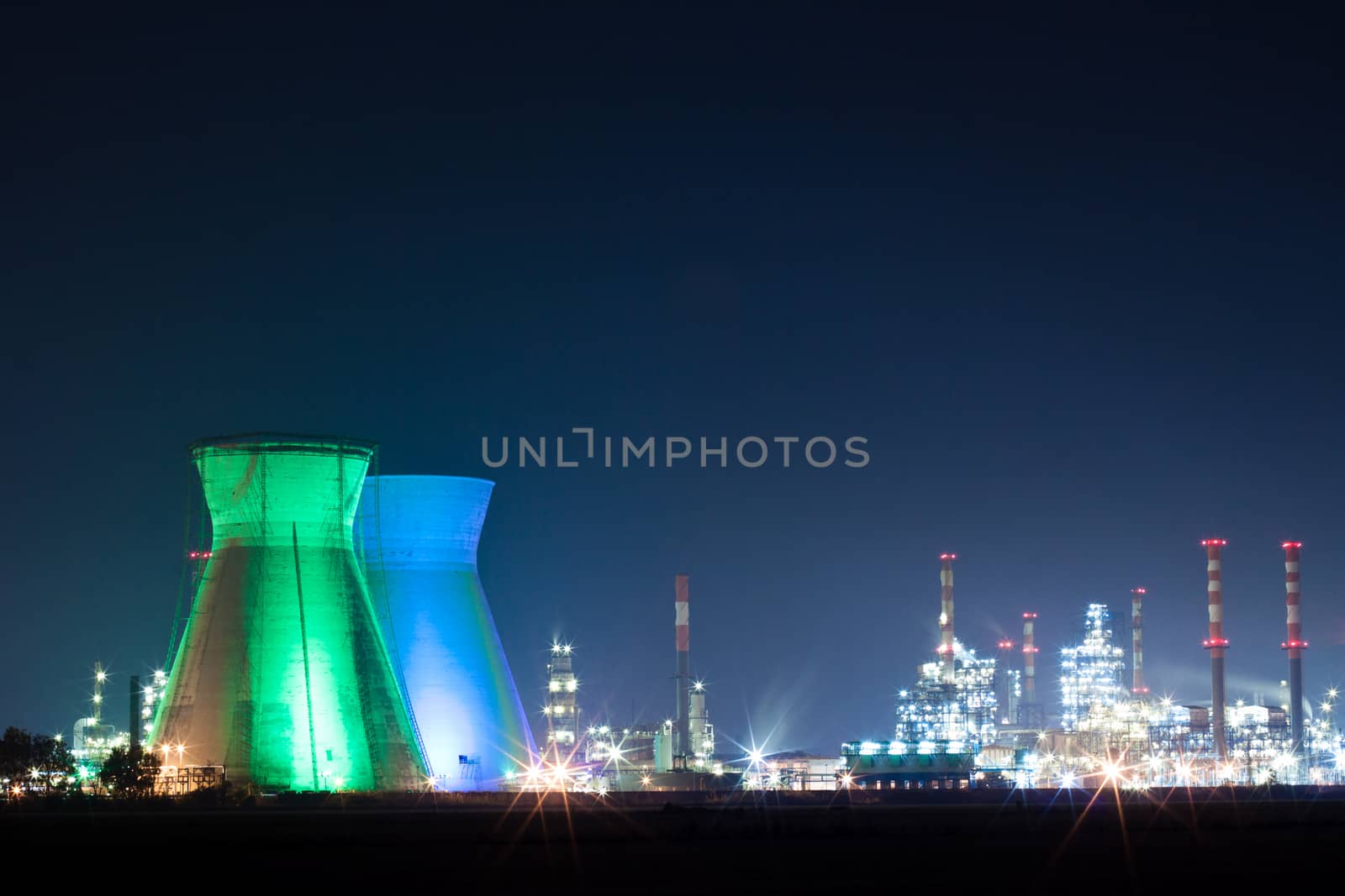 Oil refinery colored lights at night