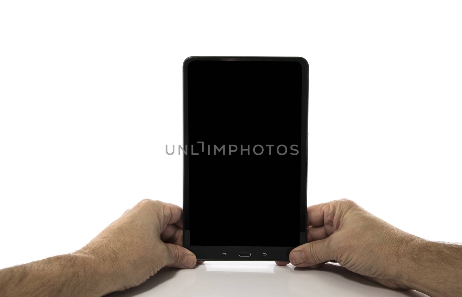 male hands with computer tablet in the hands isolated on white background