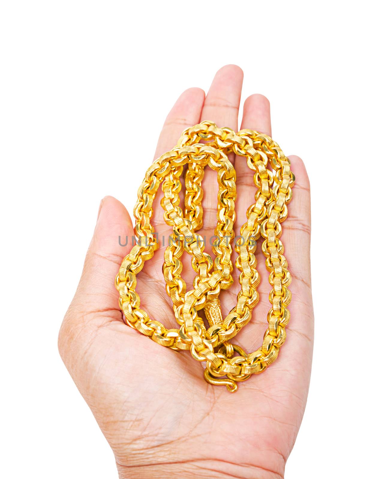 gold necklace on hand isolated on white background, Save clipping path.