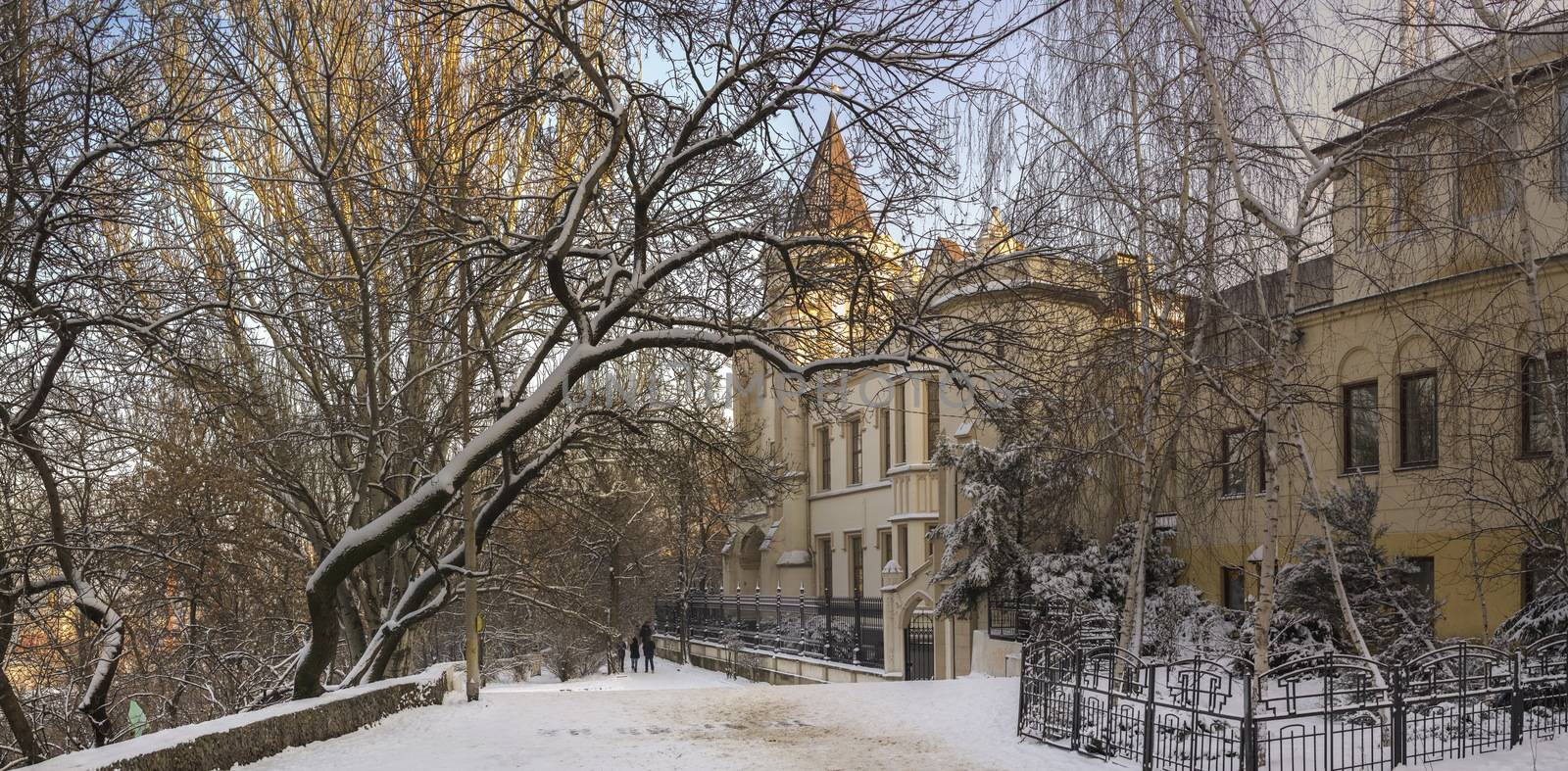 Odessa, Ukraine - 01.27.2019. The Shahs Palace in Odessa city in a winter time. Famous tourist attraction built in the 19th century in the Neo-Gothic style